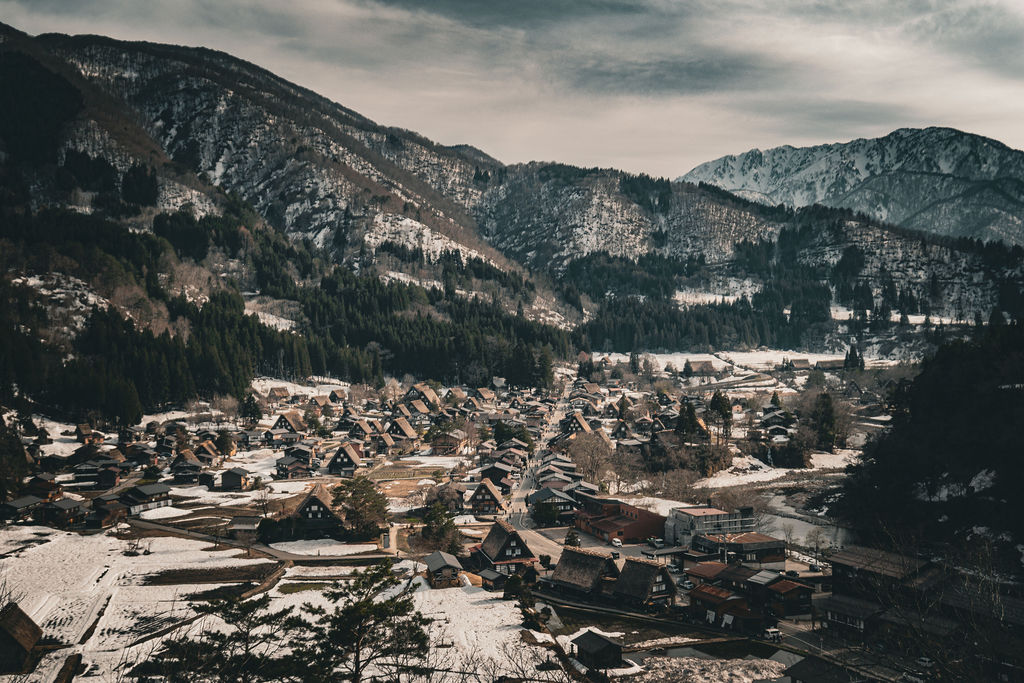 Thatched farmhouses of Shirakawa-go in the snow, seen from above