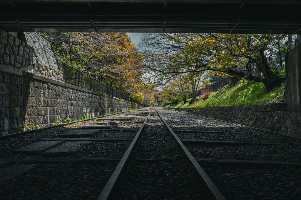 Old railway tracks under autumn trees in Kyoto