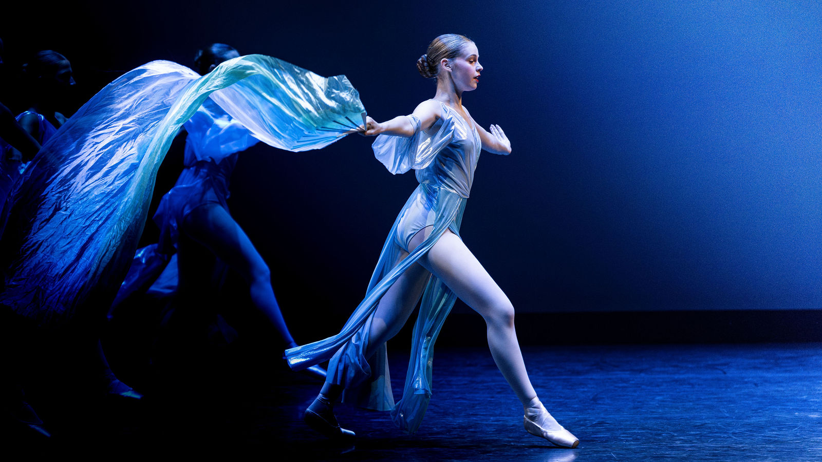 Dance performer on stage with flowing fabric, Central Coast California
