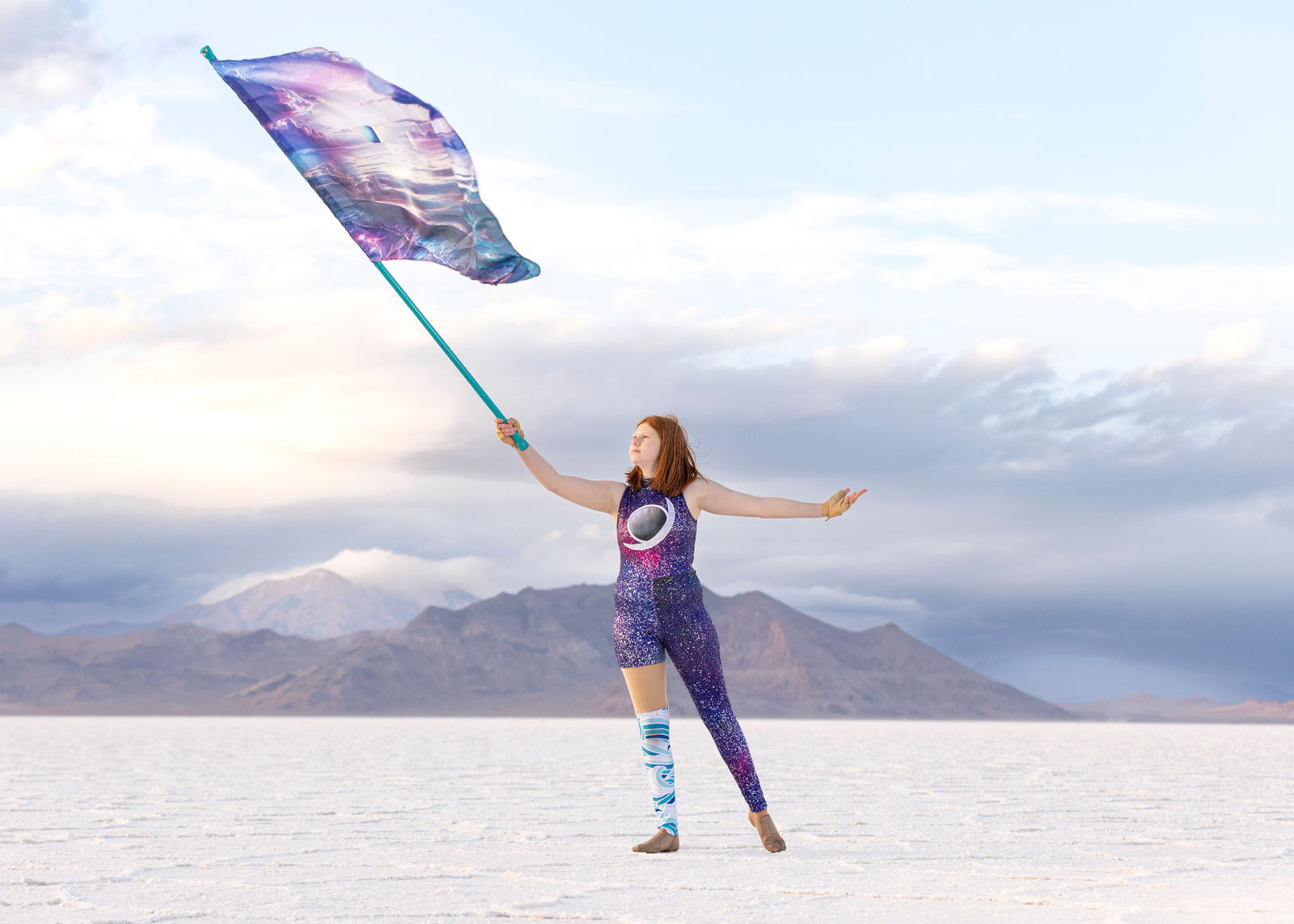Brielle senior portrait at Bonneville Salt Flats Utah in late fall with clean horizon and soft light