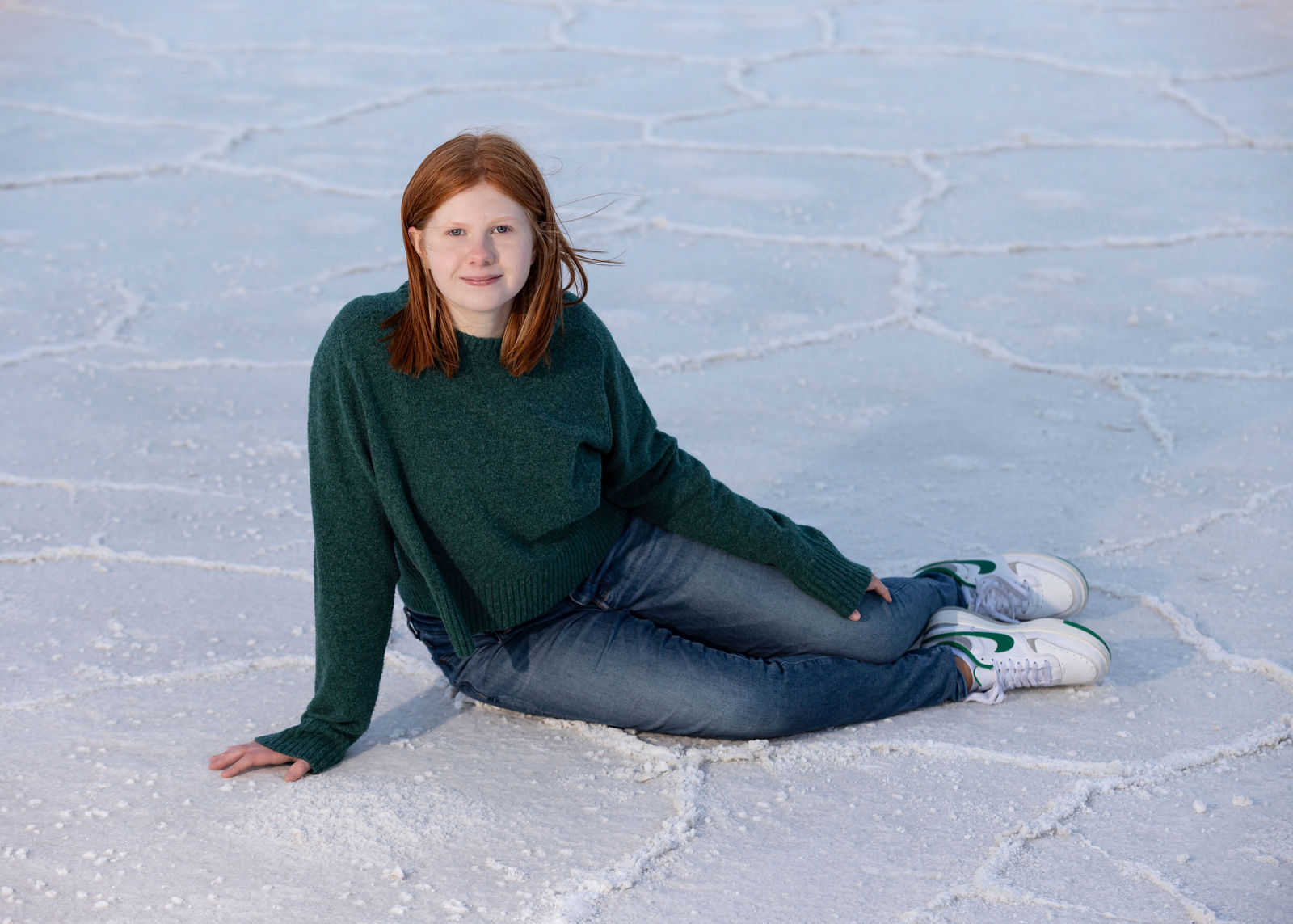 Close-up senior portrait at Bonneville Salt Flats with true-to-color skin tones