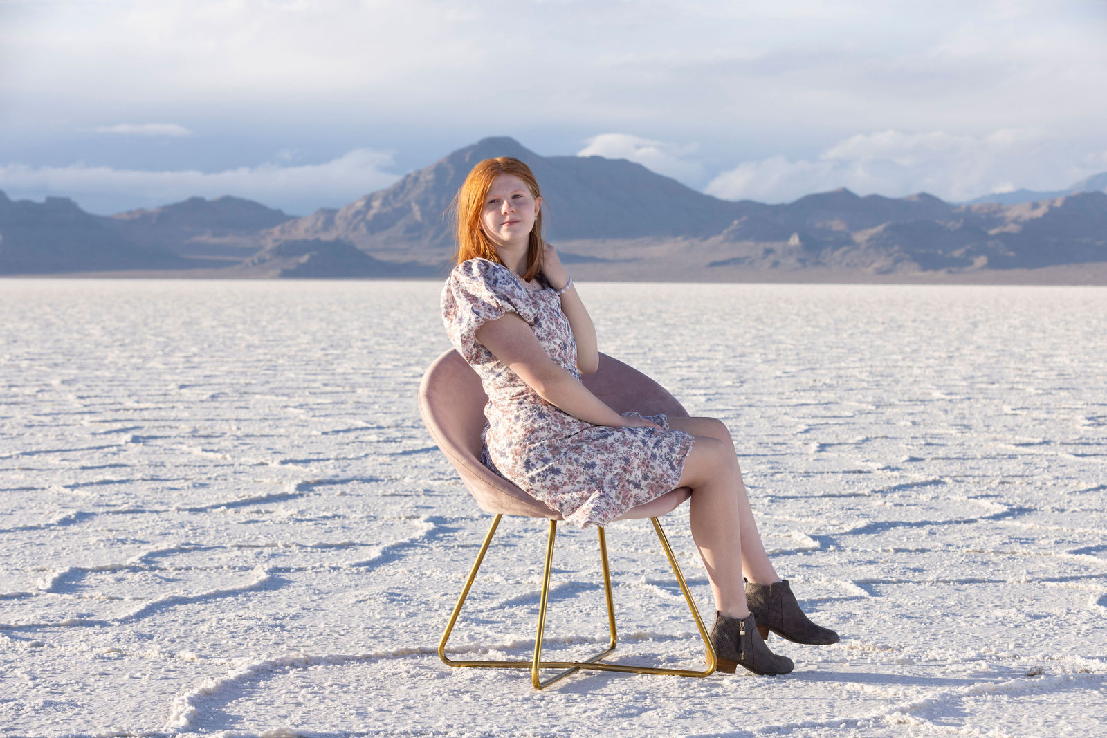Bonneville Salt Flats senior portrait in Utah with soft fall light and wide open horizon