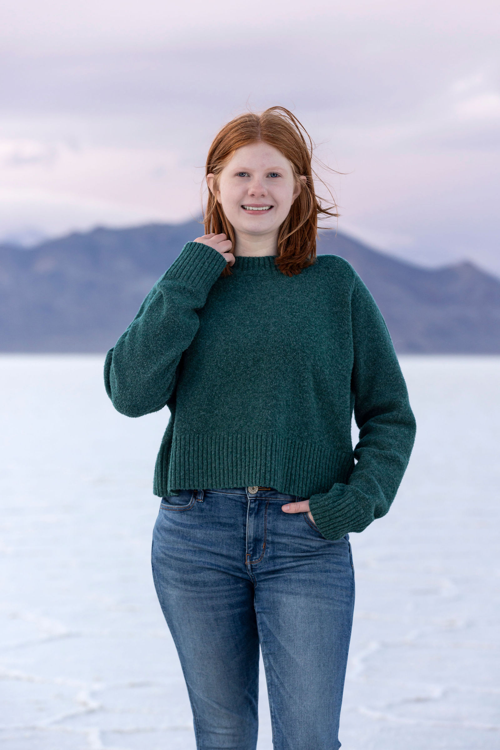 Brielle senior portrait at Bonneville Salt Flats Utah in late fall