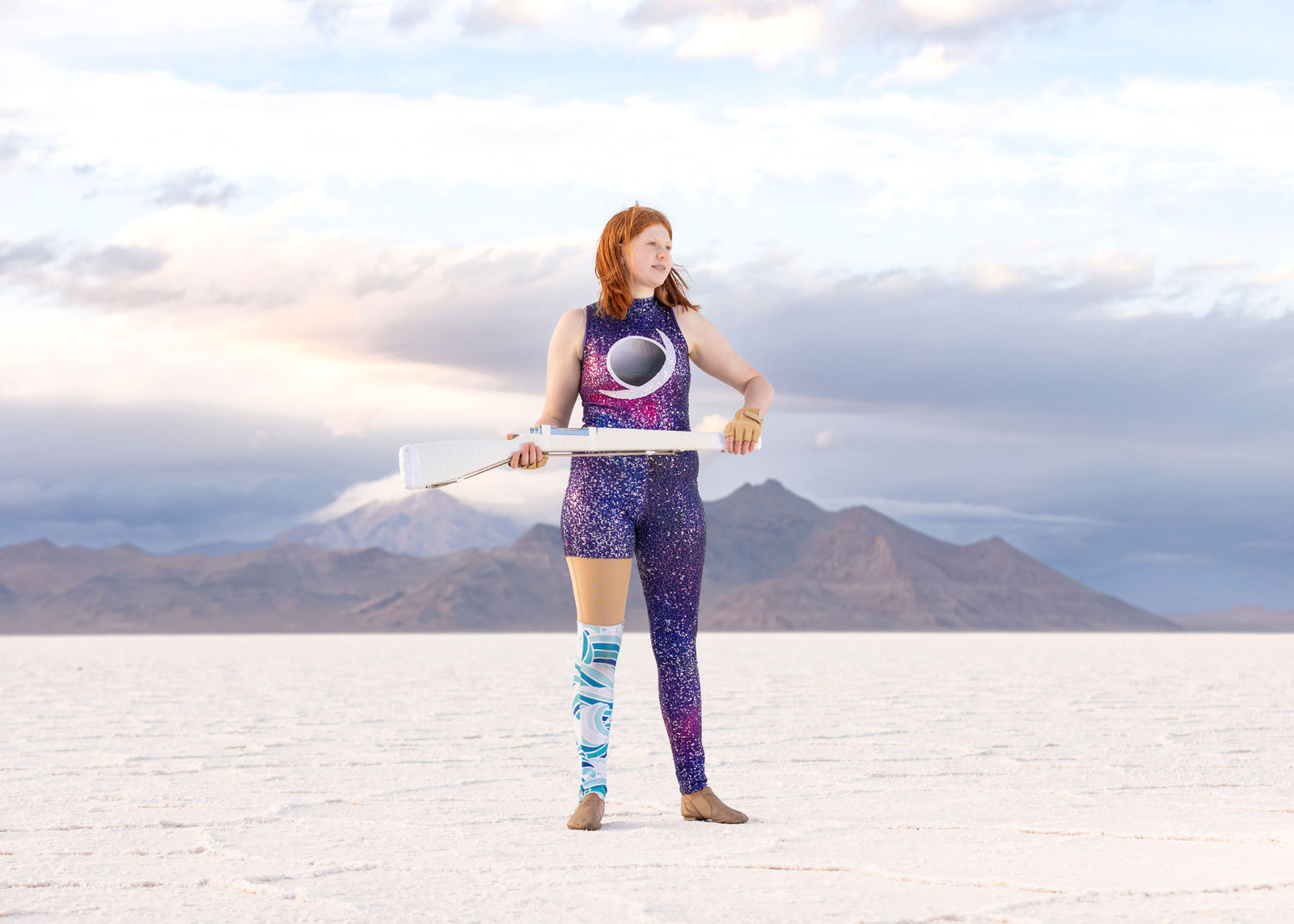 Senior photography at Bonneville Salt Flats Utah with natural posing and wide horizon
