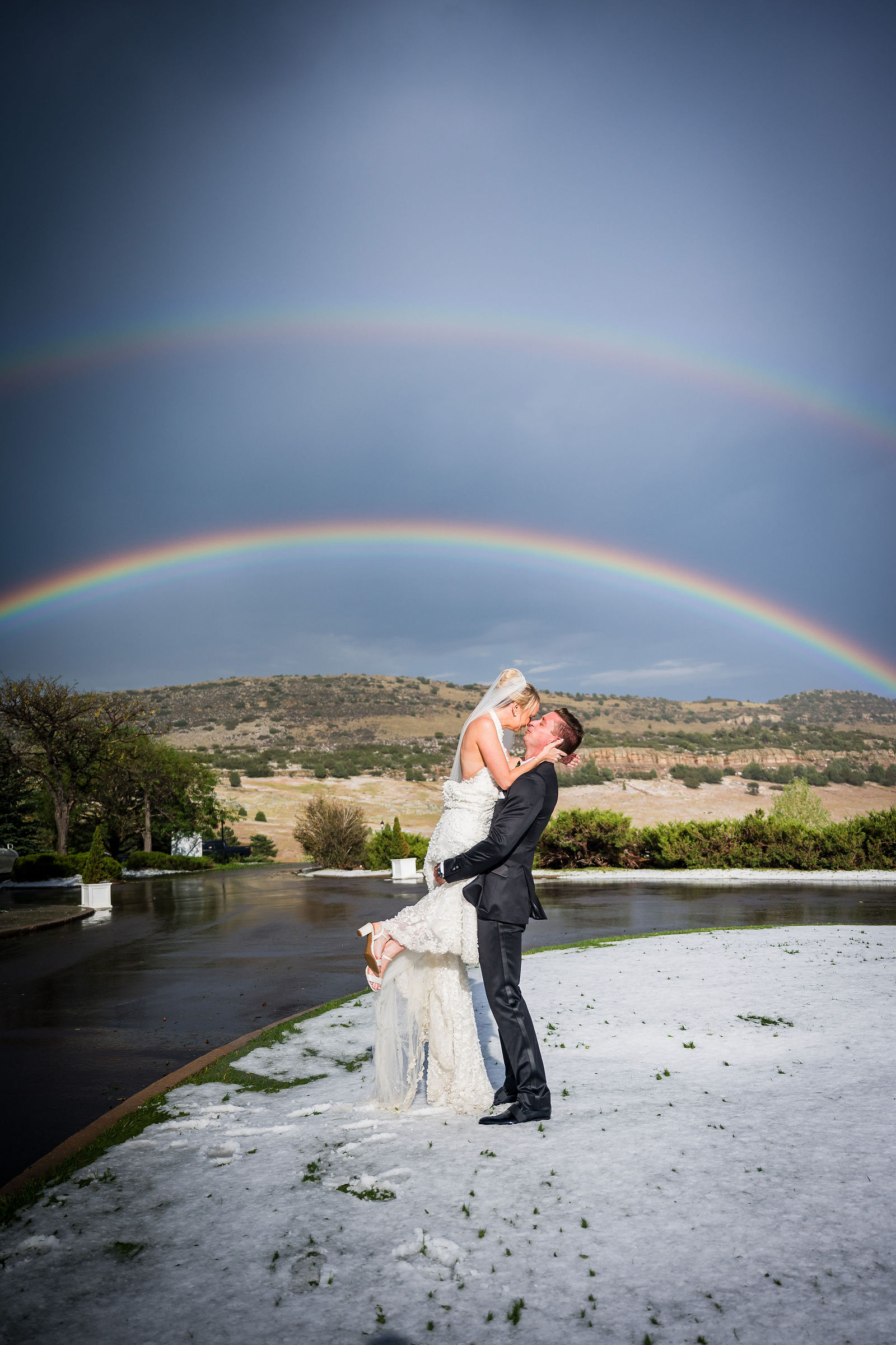 Double rainbow over the valley after a Manor House wedding ceremony