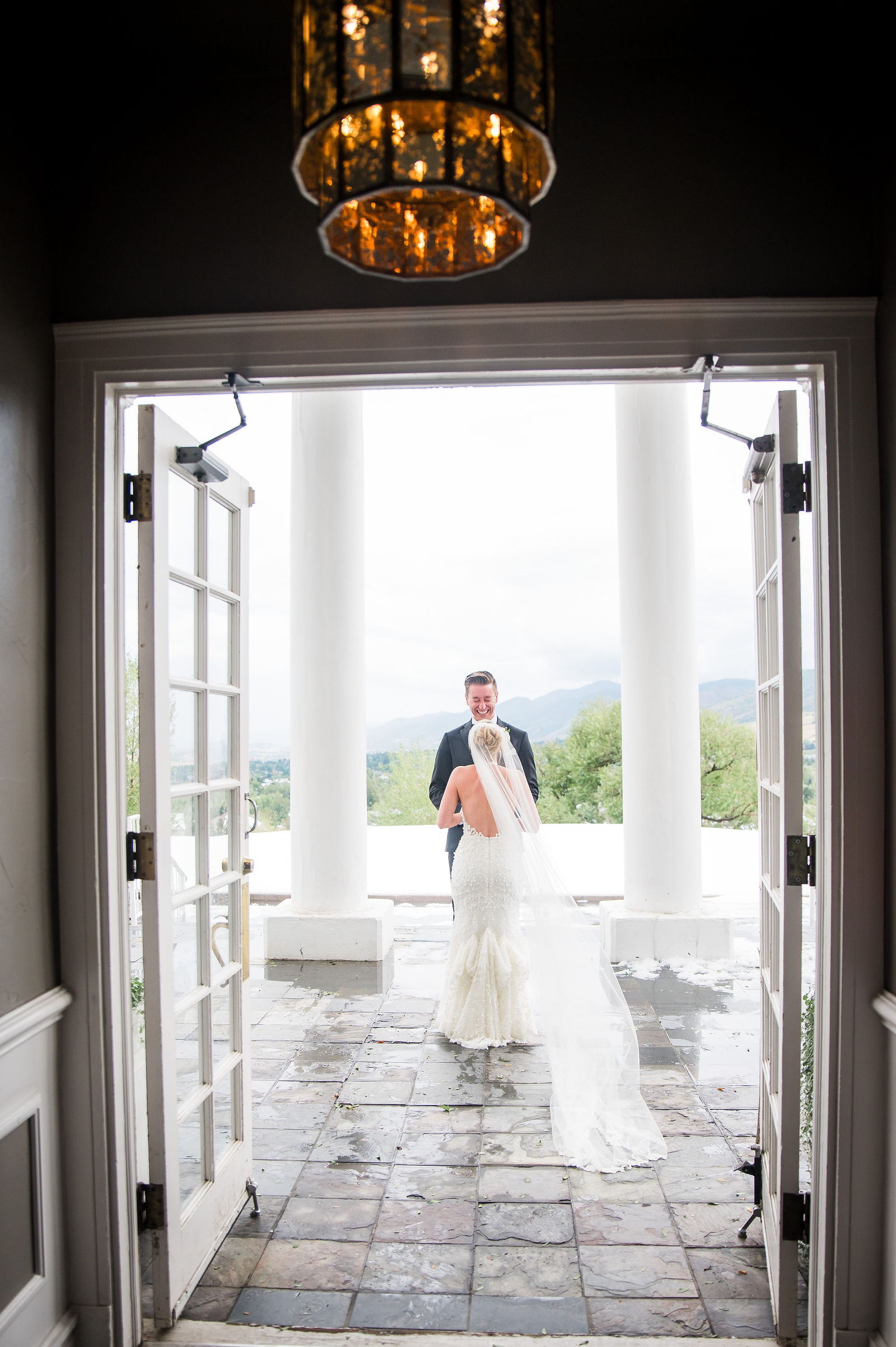 First look between bride and groom at The Manor House Littleton