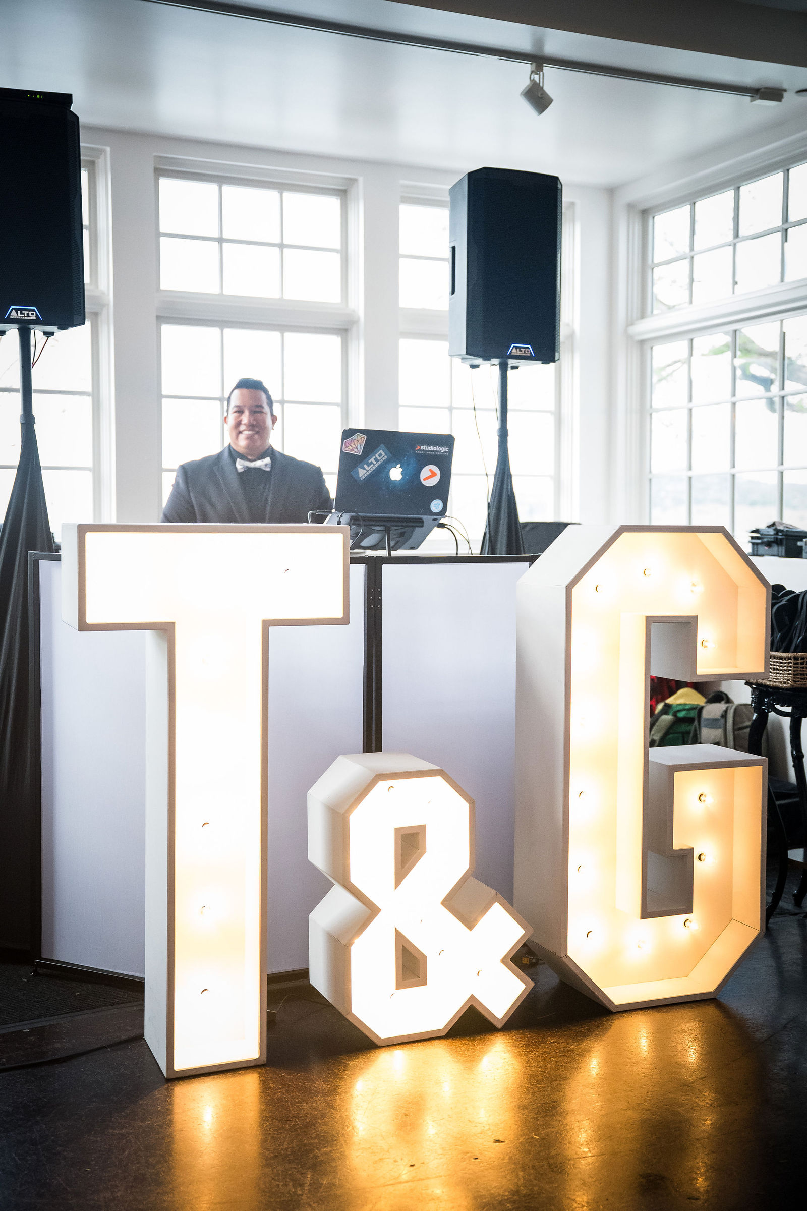 T and G marquee letters at a Manor House wedding reception
