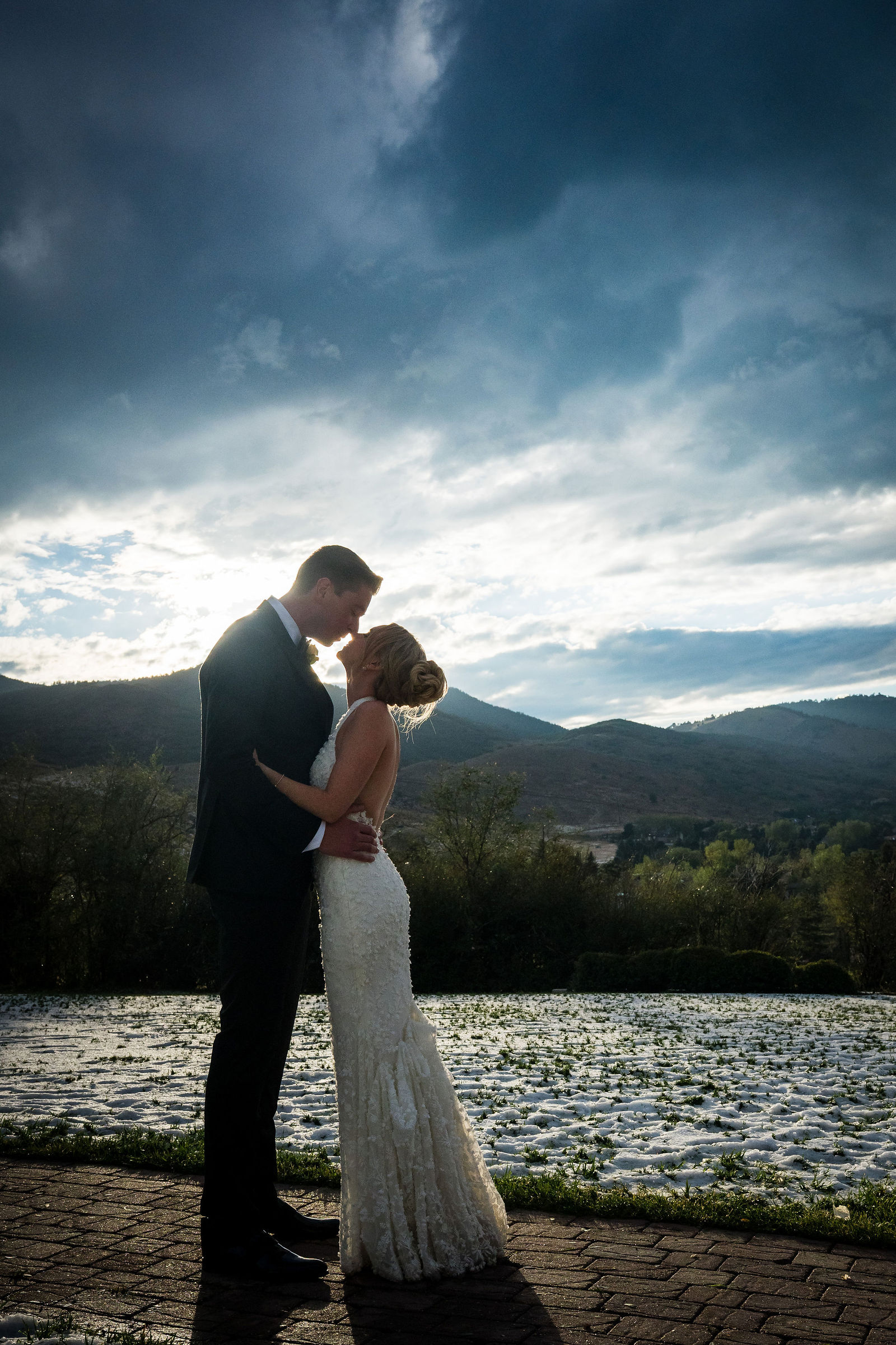 Bride and groom with mountain views at a Manor House wedding