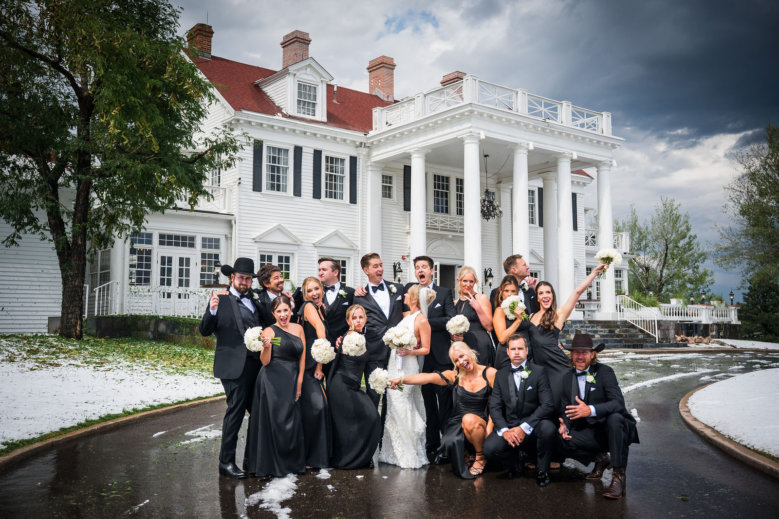 Full wedding party portrait at a Manor House wedding in Littleton