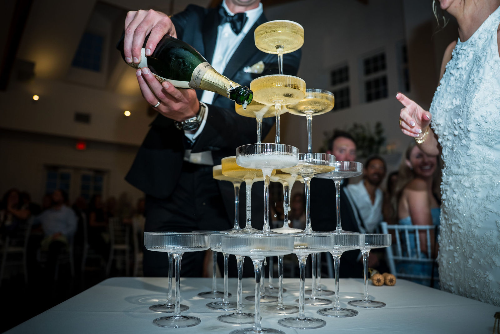 Champagne tower at a Manor House wedding reception in Colorado
