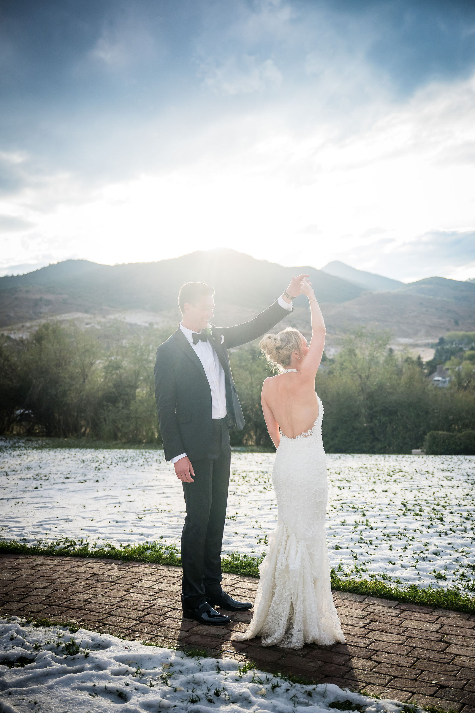 Bride and groom at golden hour at The Manor House in Littleton, Colorado