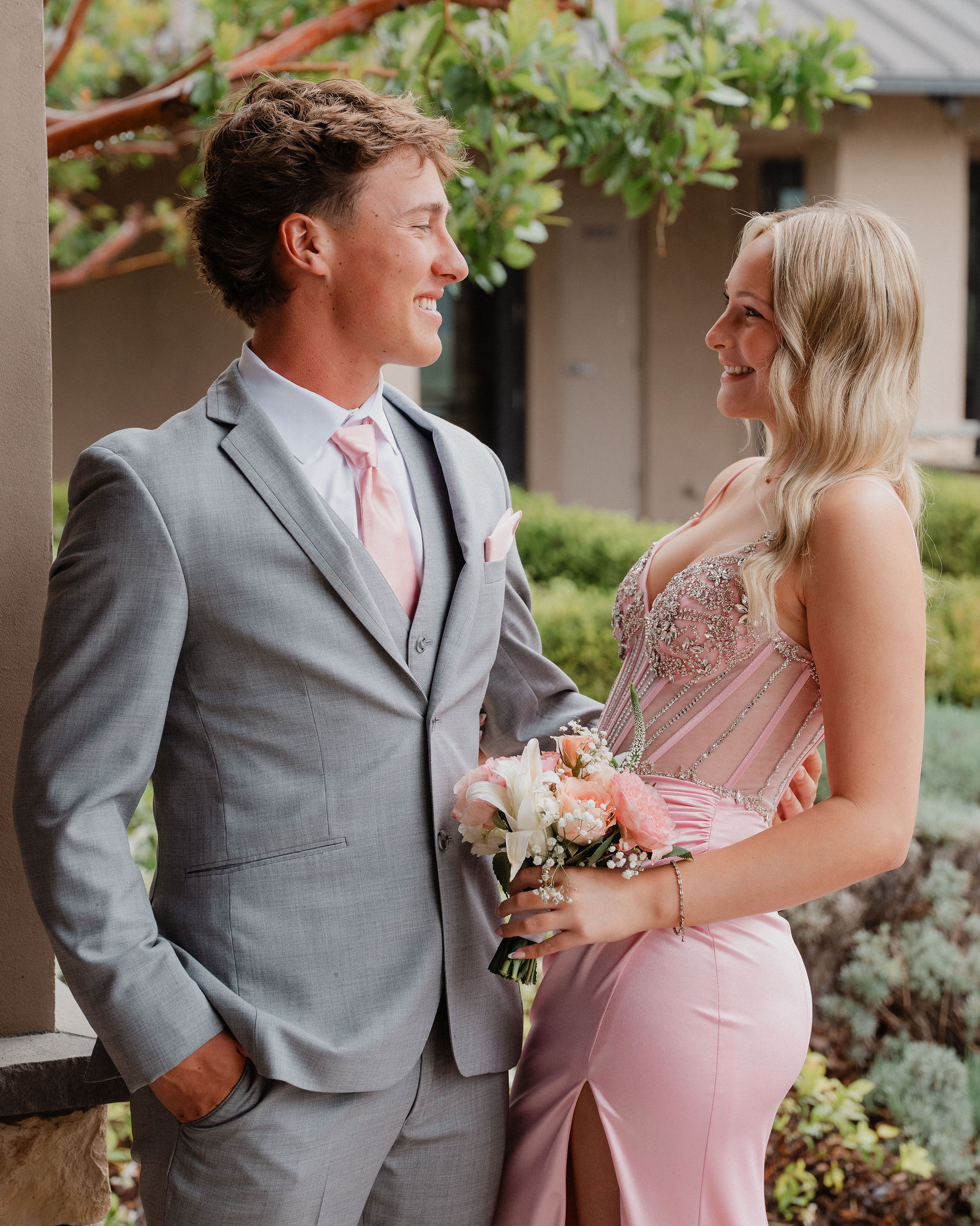 Prom couple smiling at each other, Central Coast portrait
