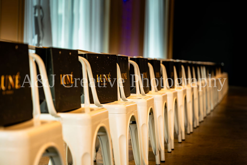 Branded gift bags arranged on Charlotte Fashion Week guest seats