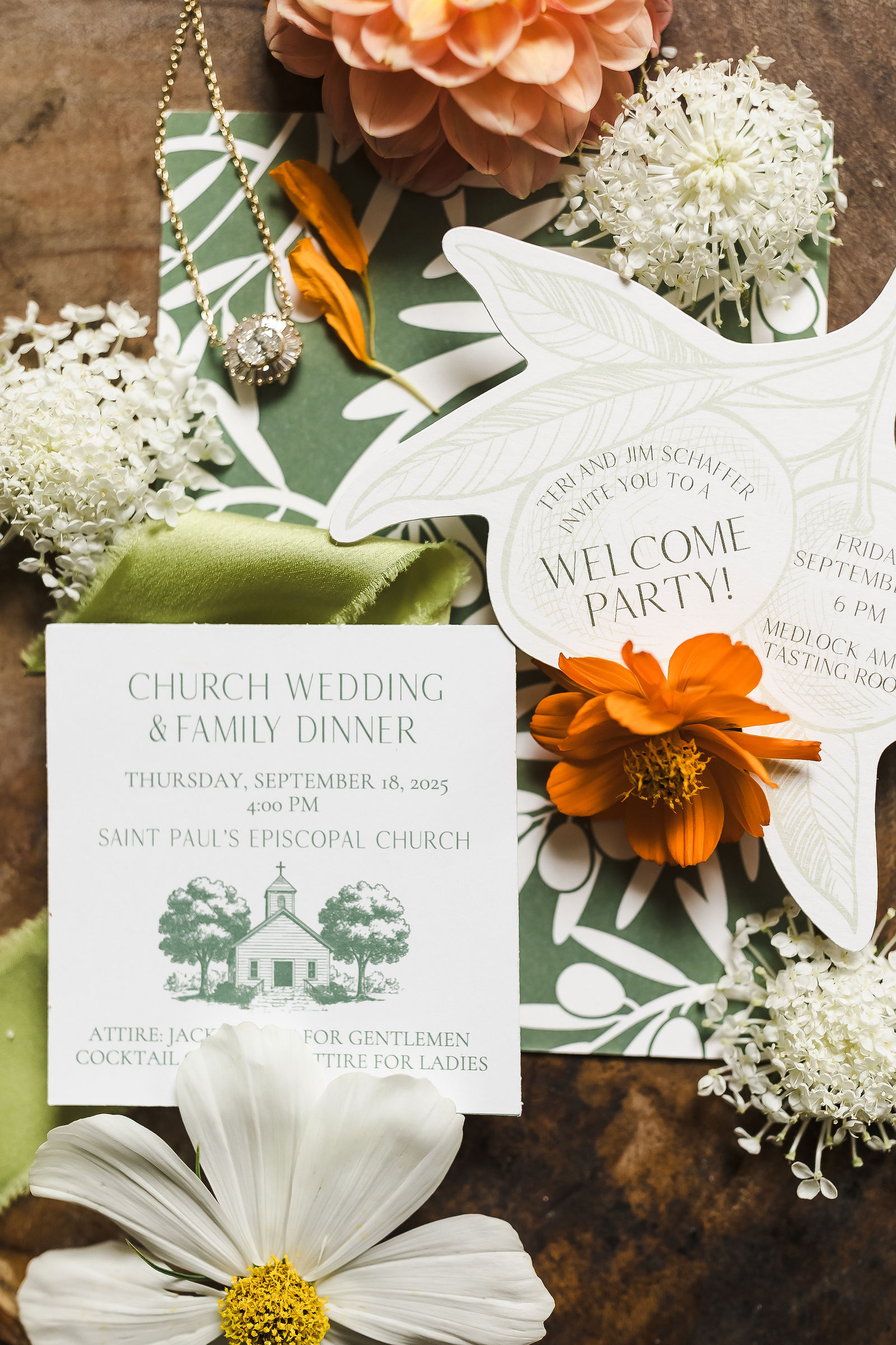 Welcome dinner and church wedding stationery flat lay photographed by a Healdsburg wedding photographer