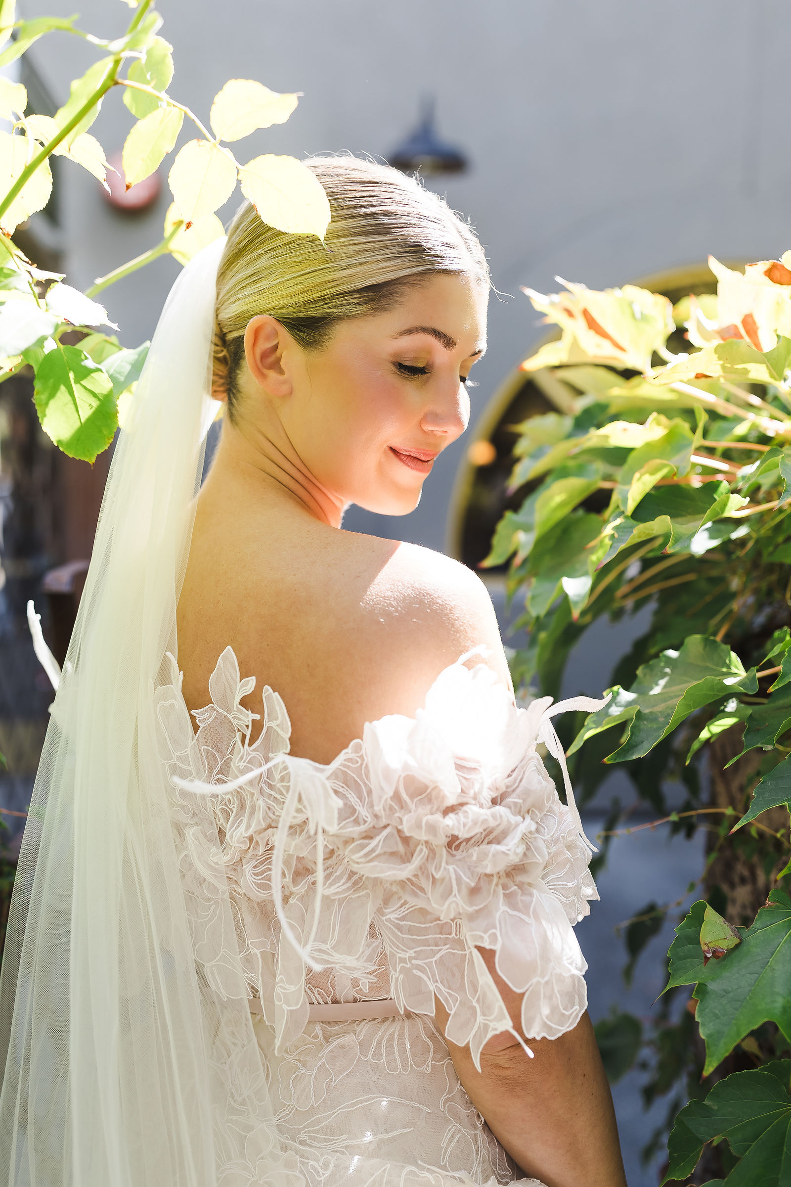 Bridal portrait with veil in a Healdsburg garden before a Barndiva wedding reception