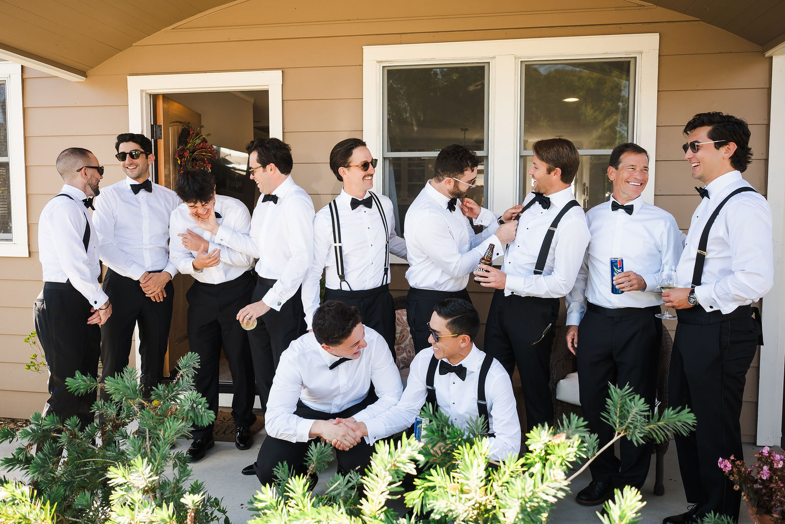 Groomsmen getting ready together in the garden before a Healdsburg wedding at Barndiva