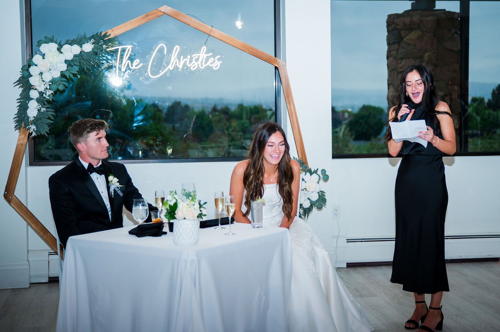 Maid of honor toast at a black tie wedding in Castle Rock Colorado