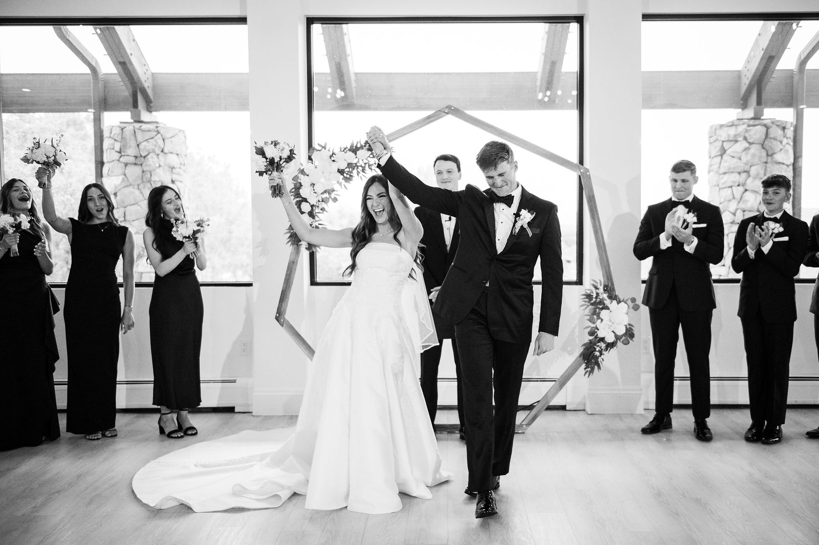 Recessional celebration at a black tie wedding in Castle Rock Colorado