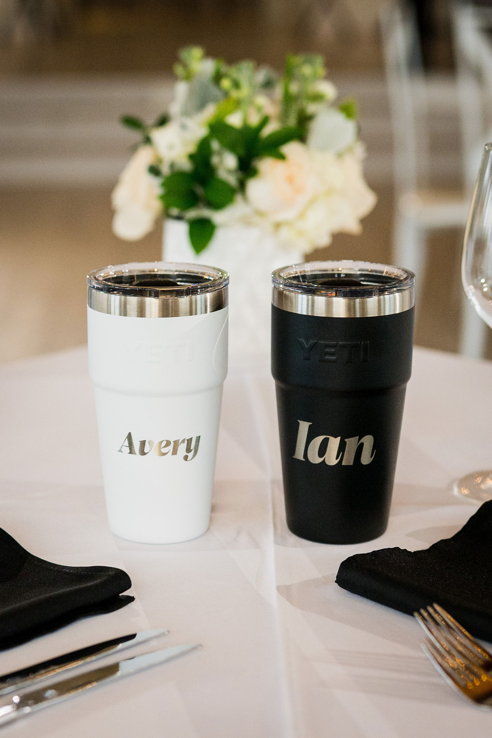 Personalized tumbler wedding favors at The Oaks at Plum Creek
