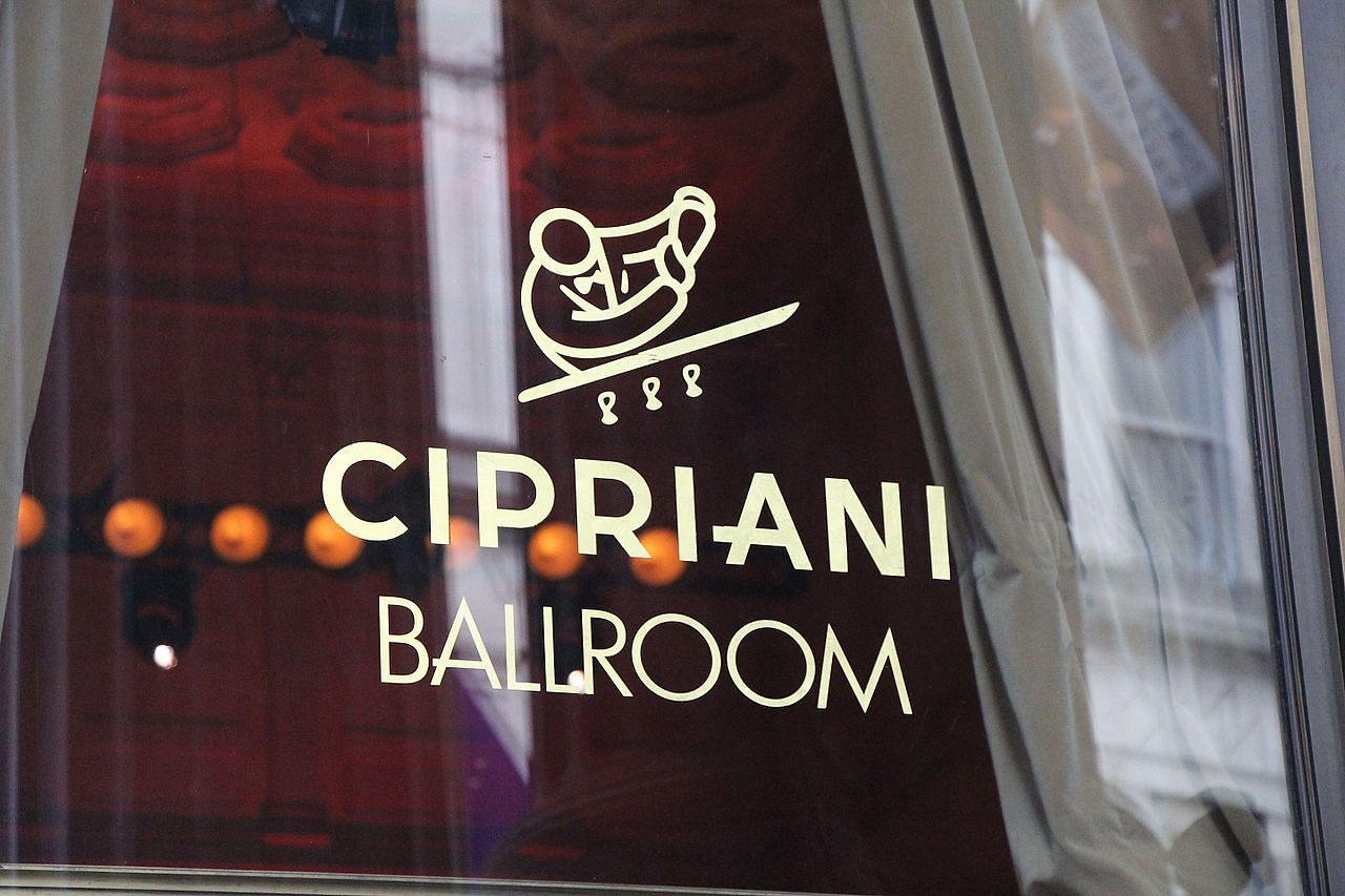 Cipriani Ballroom window signage in gold lettering.