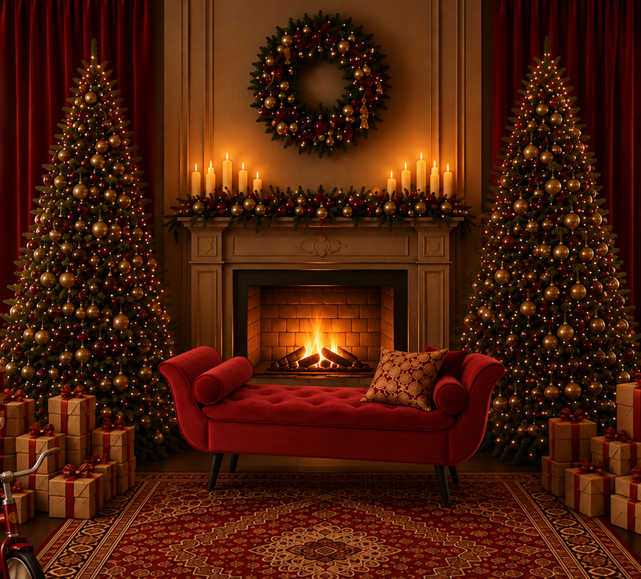Red Velvet Christmas studio set with burgundy curtains, a glowing fireplace, decorated trees, antique gold details and a red velvet bench