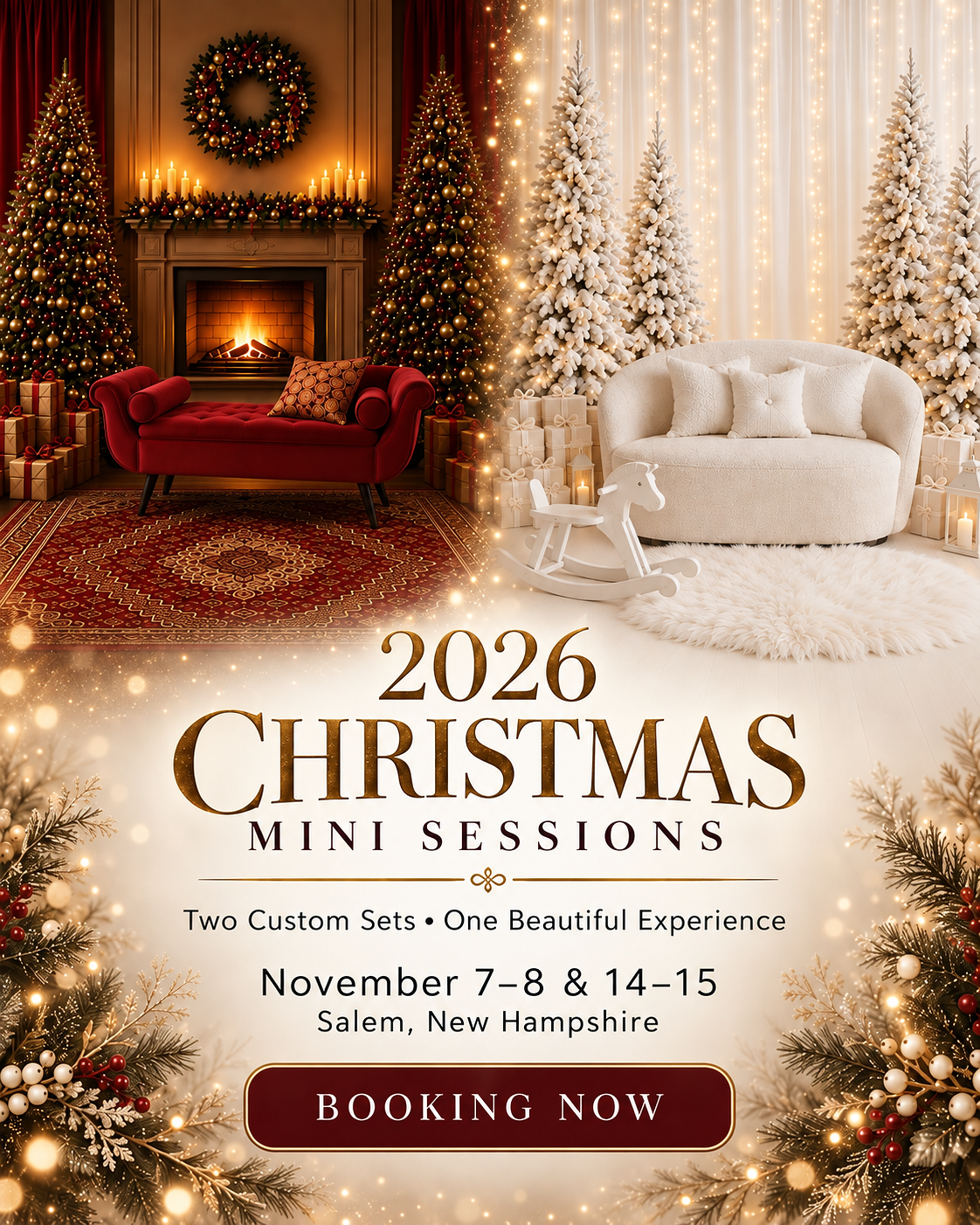 Preview of the elegant Red Velvet and White Christmas studio settings for 2026 Christmas mini sessions in Salem, New Hampshire