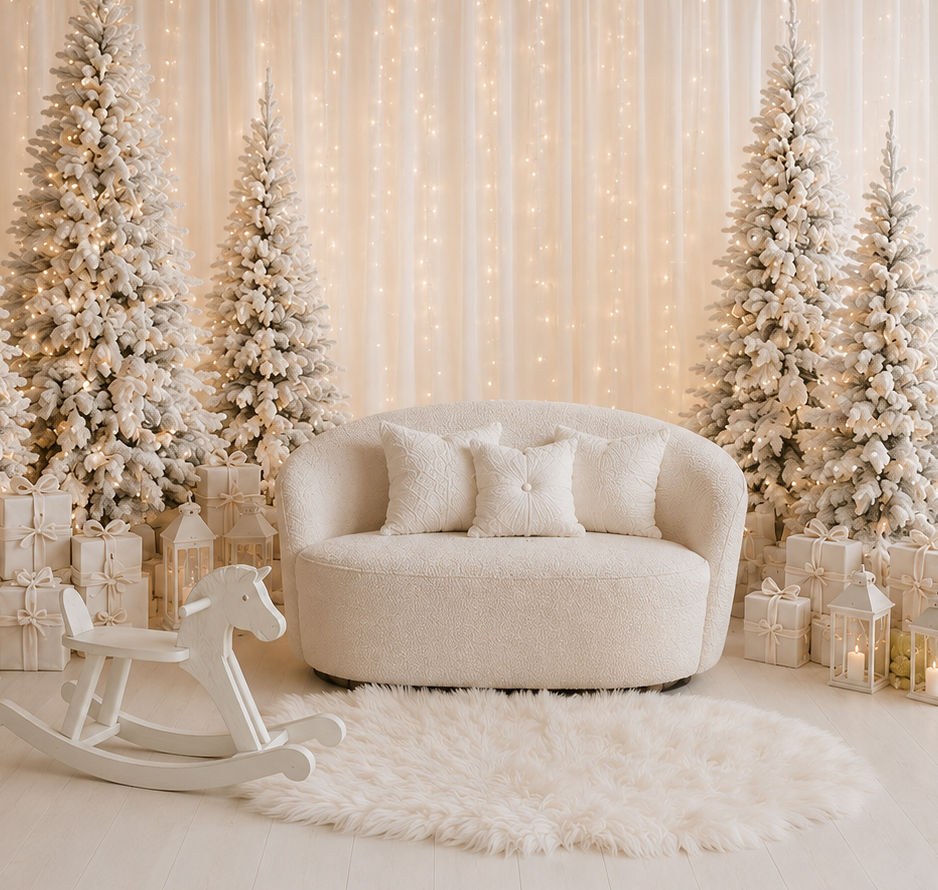 White Christmas studio set with ivory seating, flocked trees, warm white lights, a white rocking horse and softly wrapped gifts