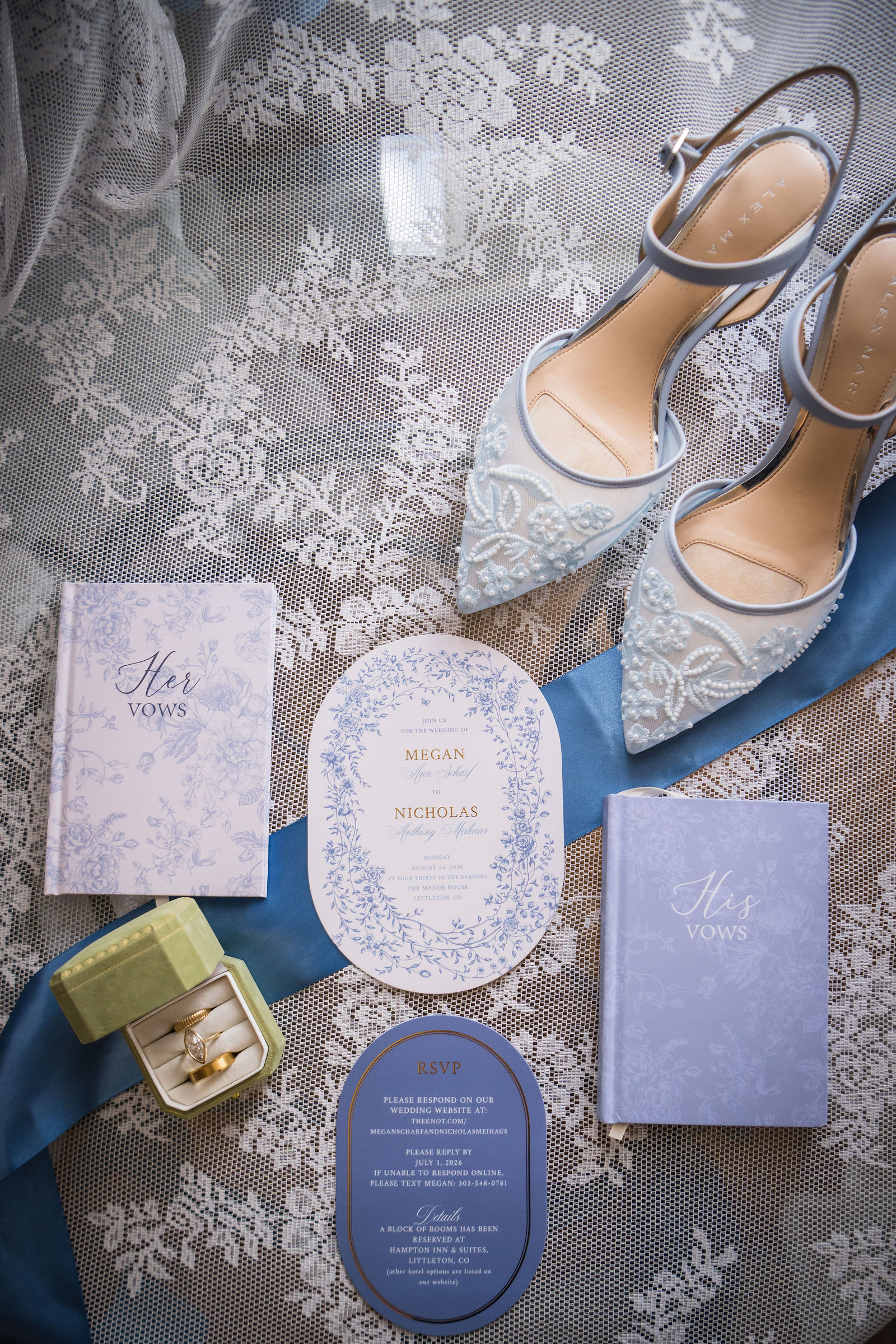 Dusty blue wedding invitation suite with the bride’s heels at the Manor House