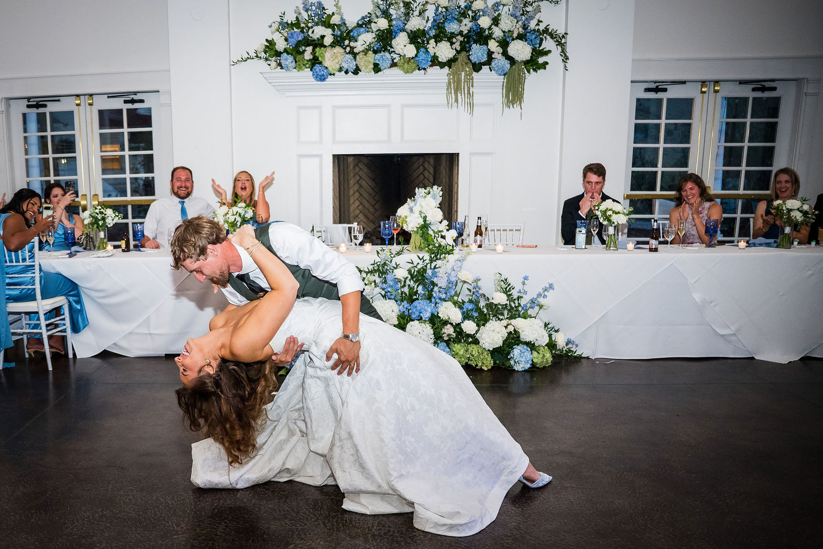 First dance dip at the reception at The Manor House in Littleton, Colorado