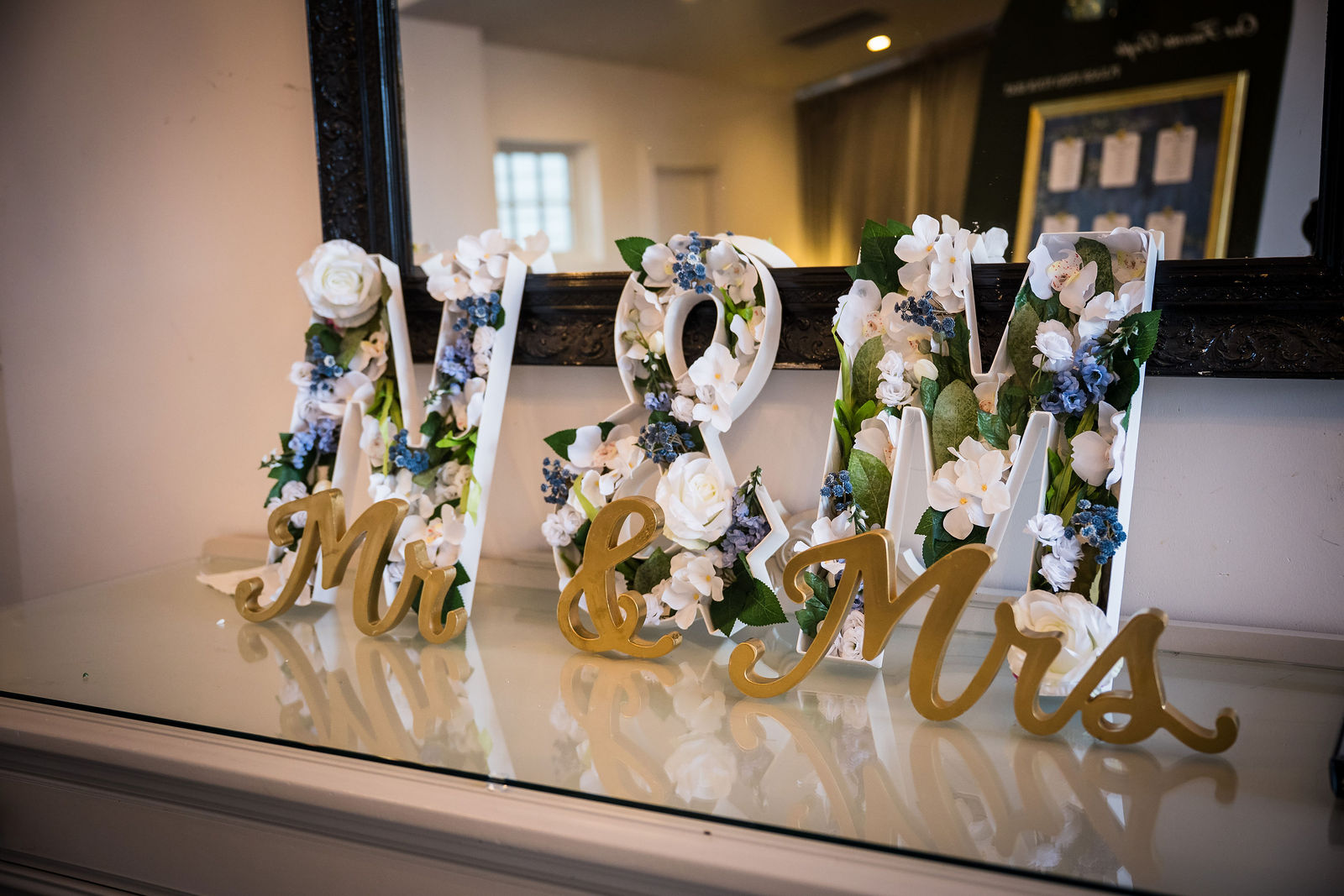Mr and Mrs sign with white and blue florals at a Manor House reception