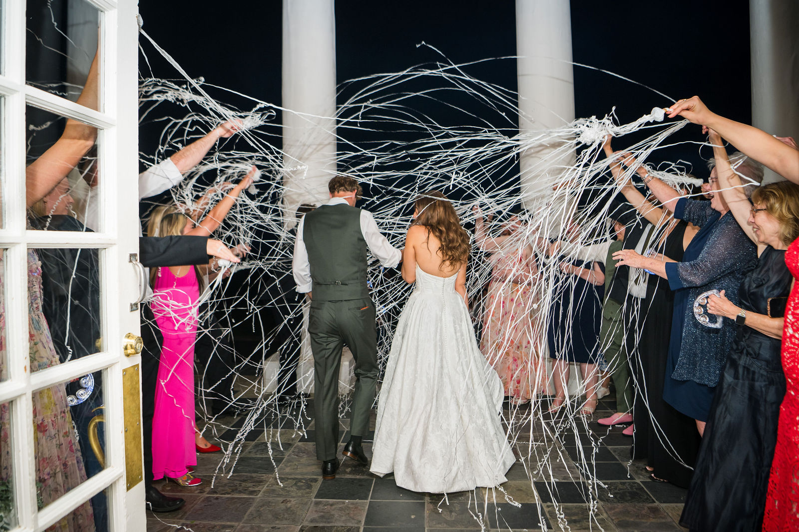 Streamer exit on the columned porch of the Manor House in Littleton