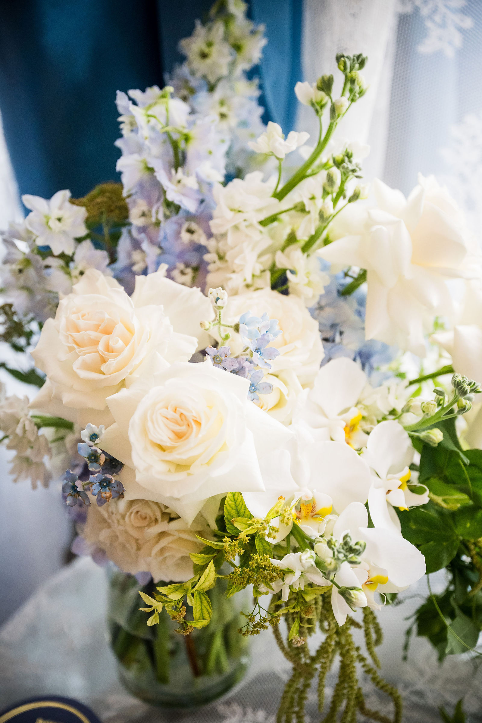 White and blue bridal bouquet by Parsley and Valentine