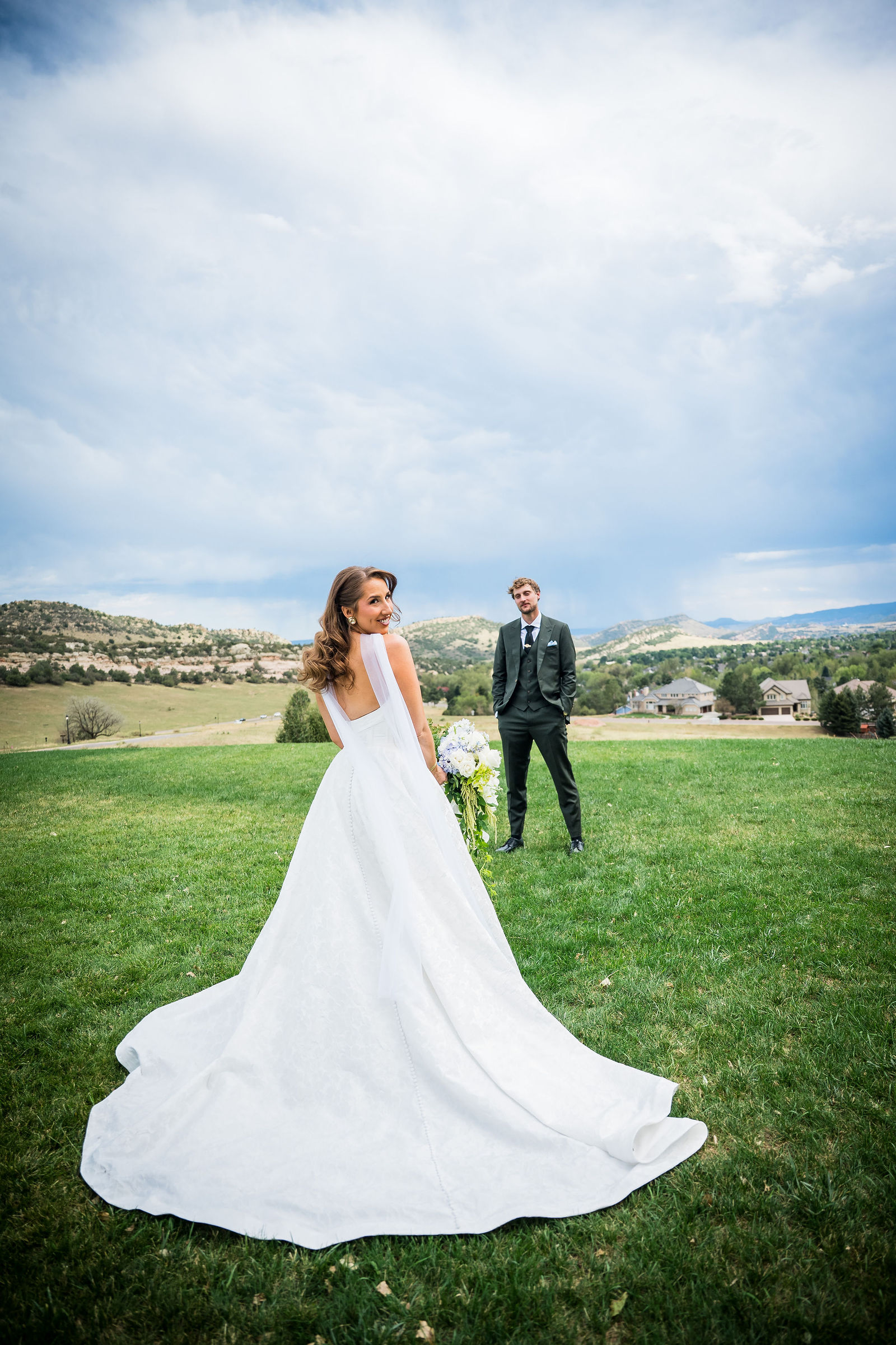 Bride with the Colorado foothills behind her at the Manor House