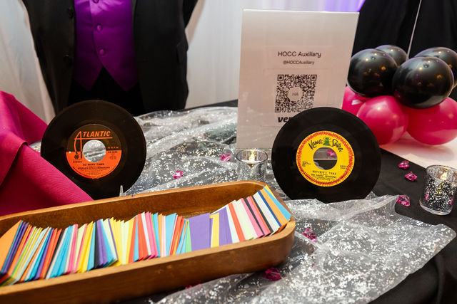 Table centerpiece with vinyl records and cards