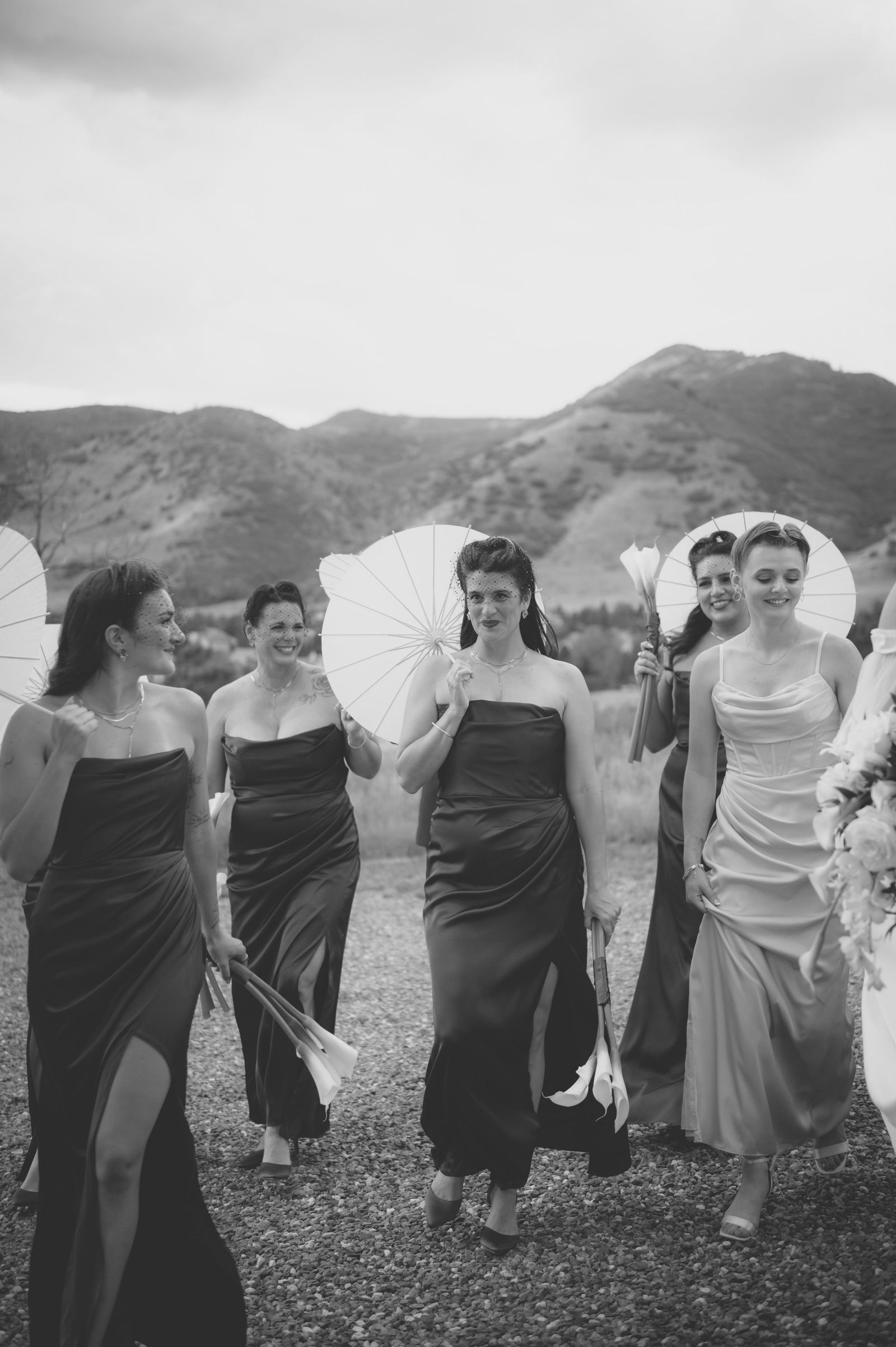 Bridesmaids in dark gowns with the Colorado foothills behind them