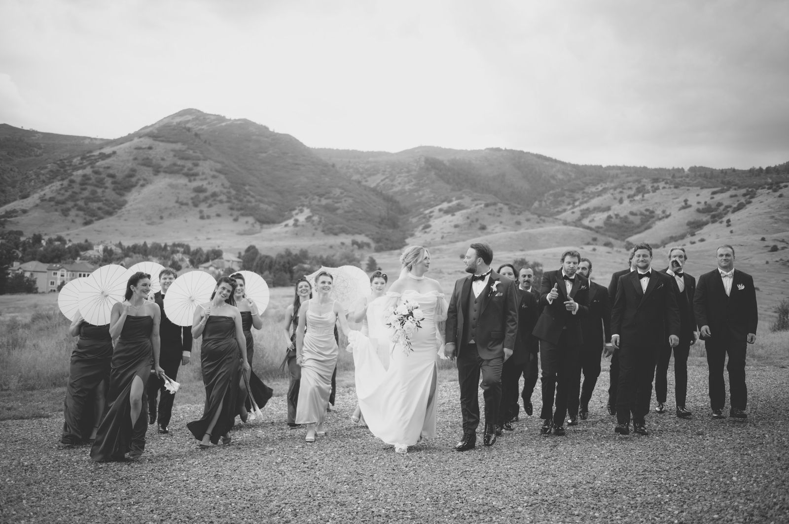 Wedding party photo with the Colorado foothills in the background