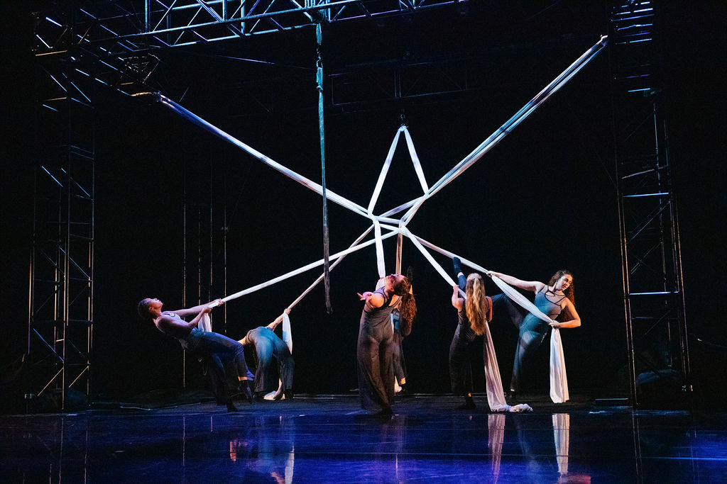 Event photography company capturing an aerial silk performance under colorful stage lighting