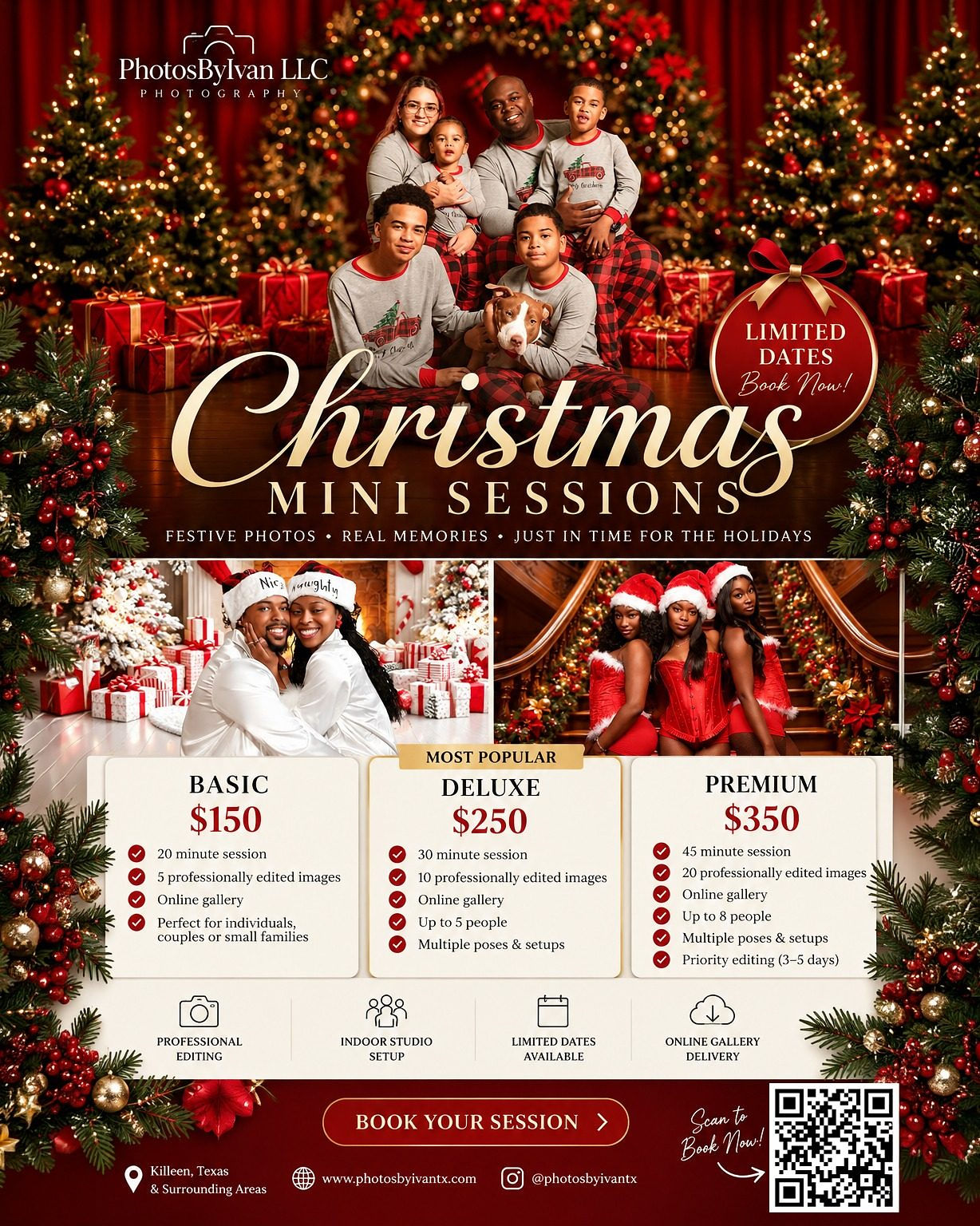 PhotosByIvan 2026 Christmas Mini Sessions flyer with Basic, Deluxe and Premium package pricing