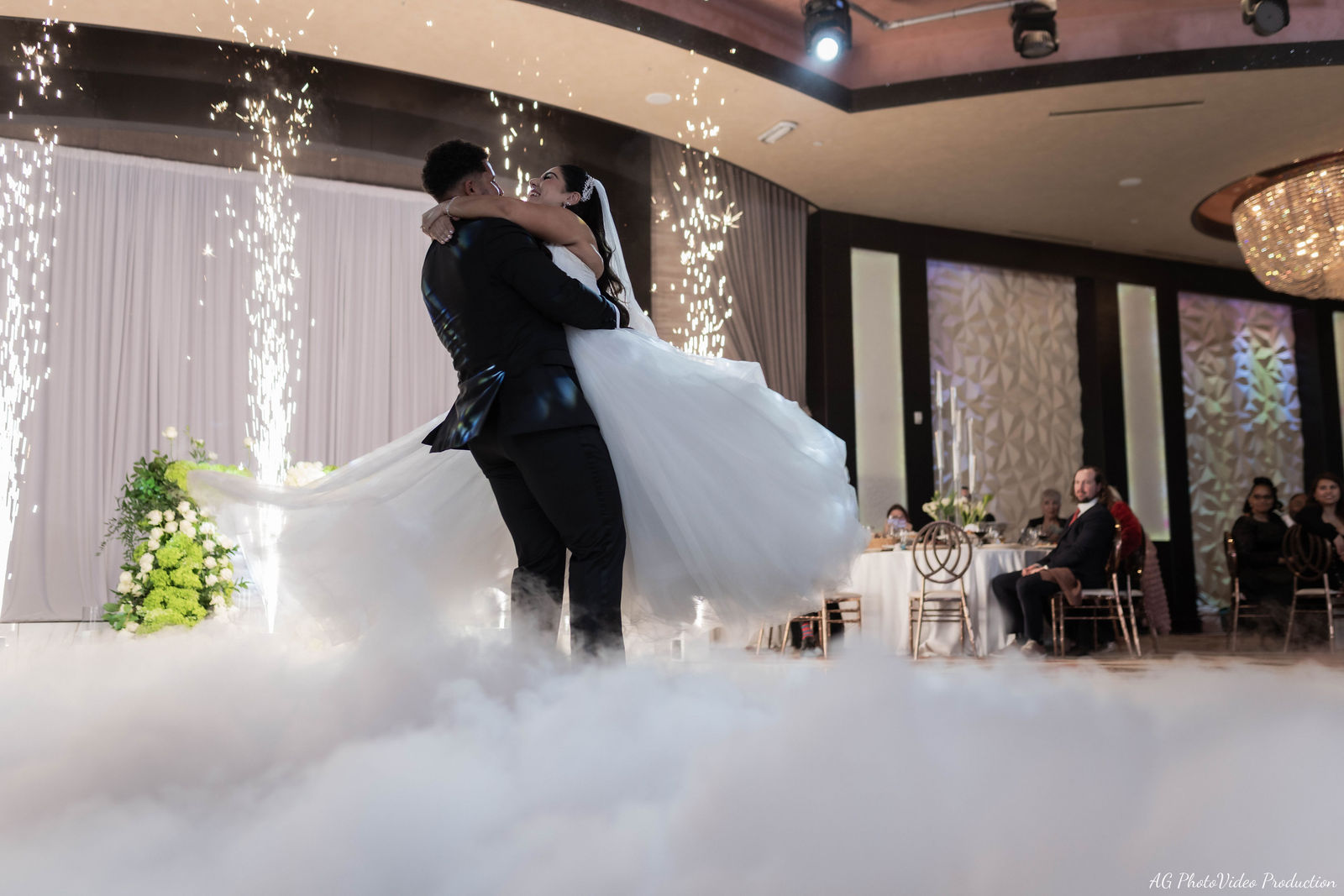 Wedding first dance with spark fountains
