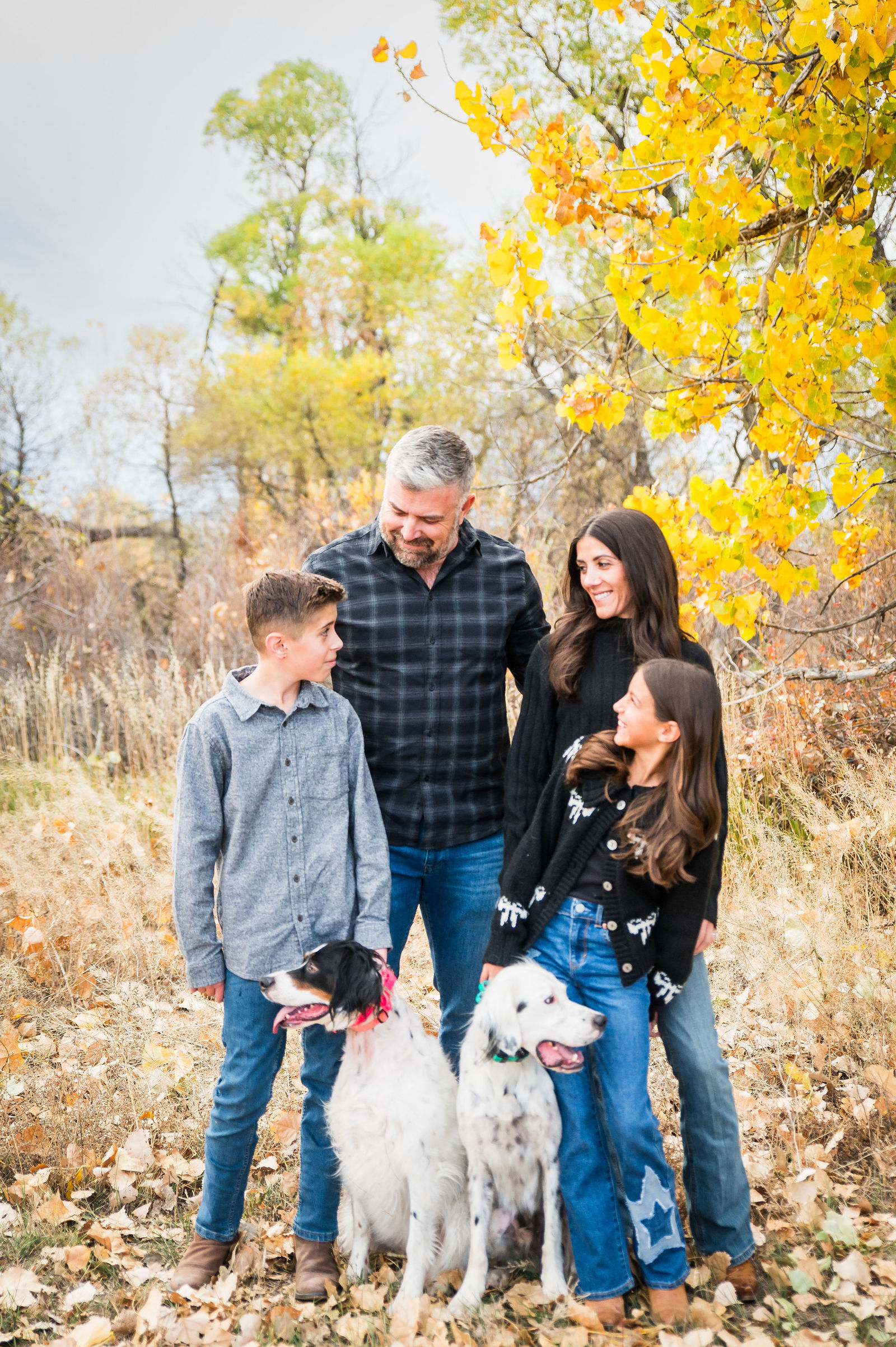 Family in navy plaid and chambray layers standing together during a Colorado fall session