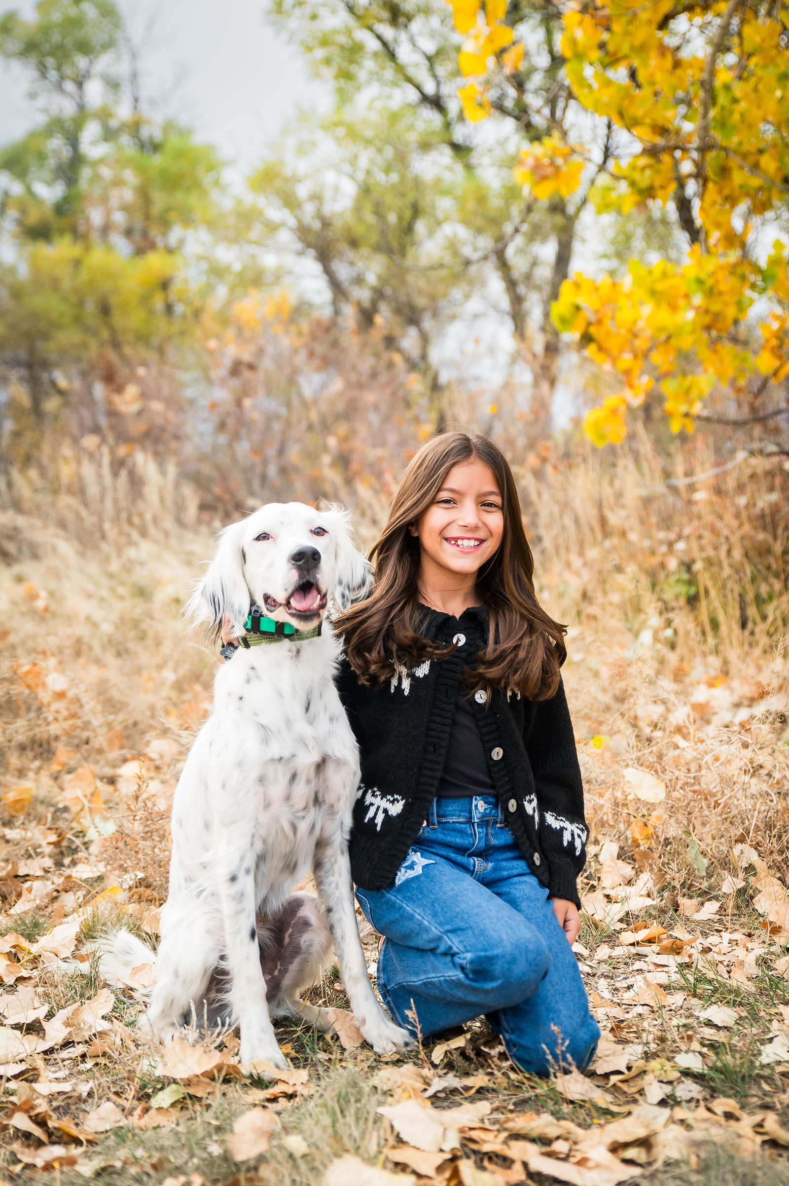 Teen girl in a black textured top and denim with the family dog during a Colorado fall session