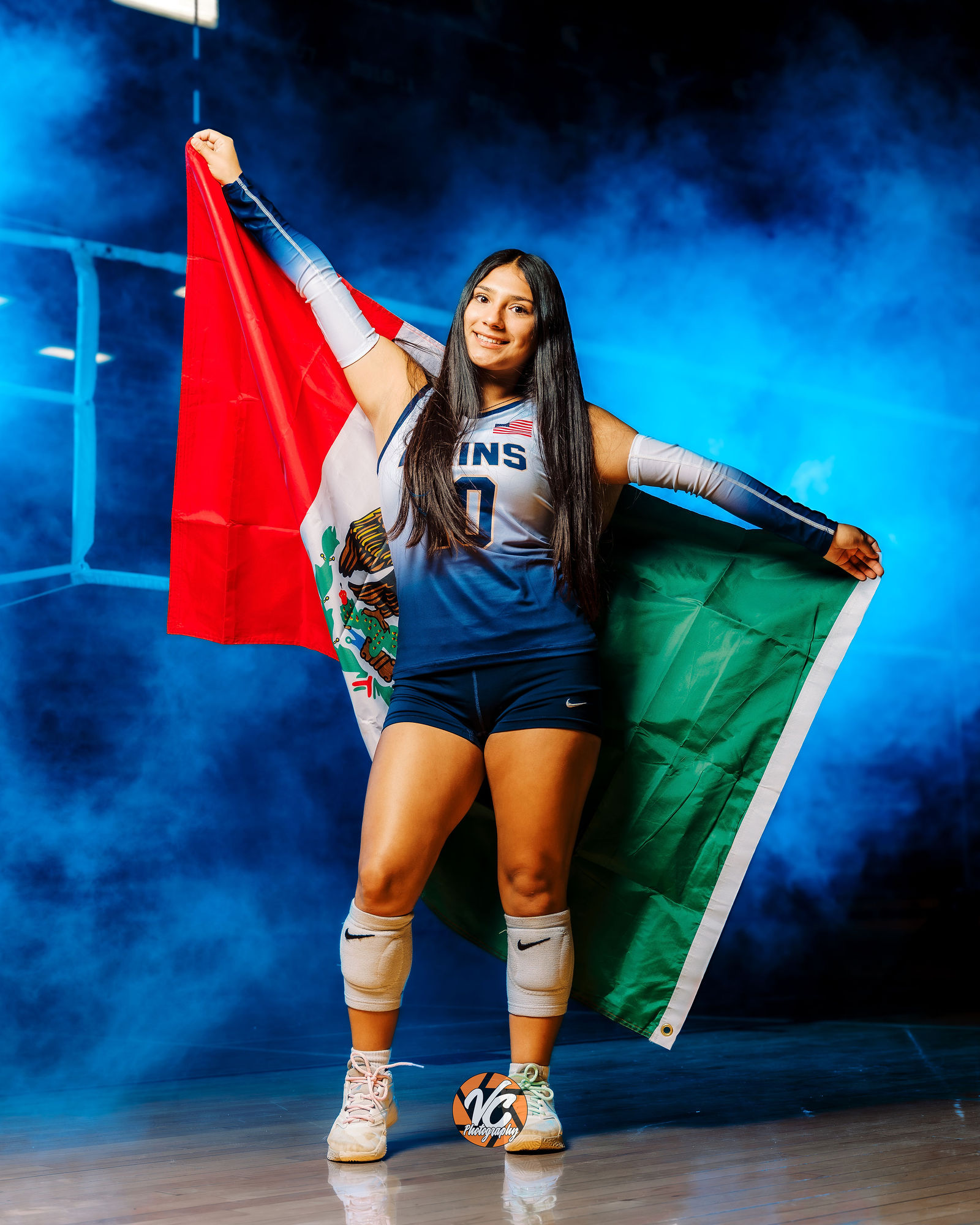 Cinematic senior volleyball portrait from the Akins Eagles media day at Akins High School