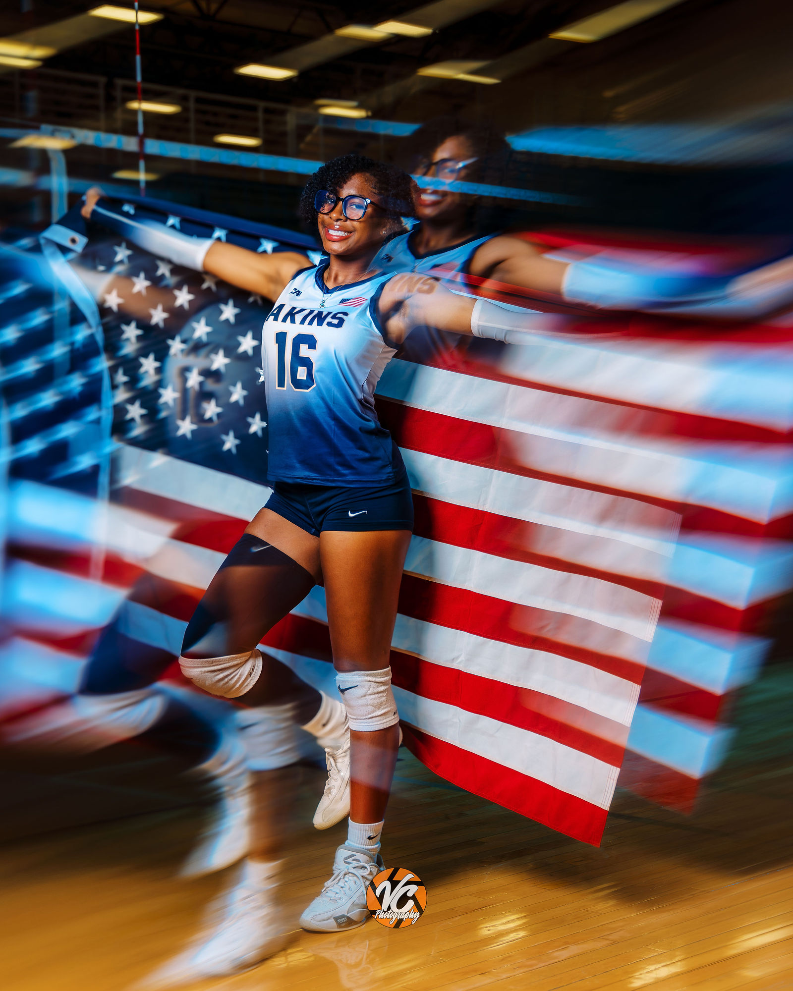 Akins Eagles volleyball athlete showing personality during an Austin sports media day portrait session