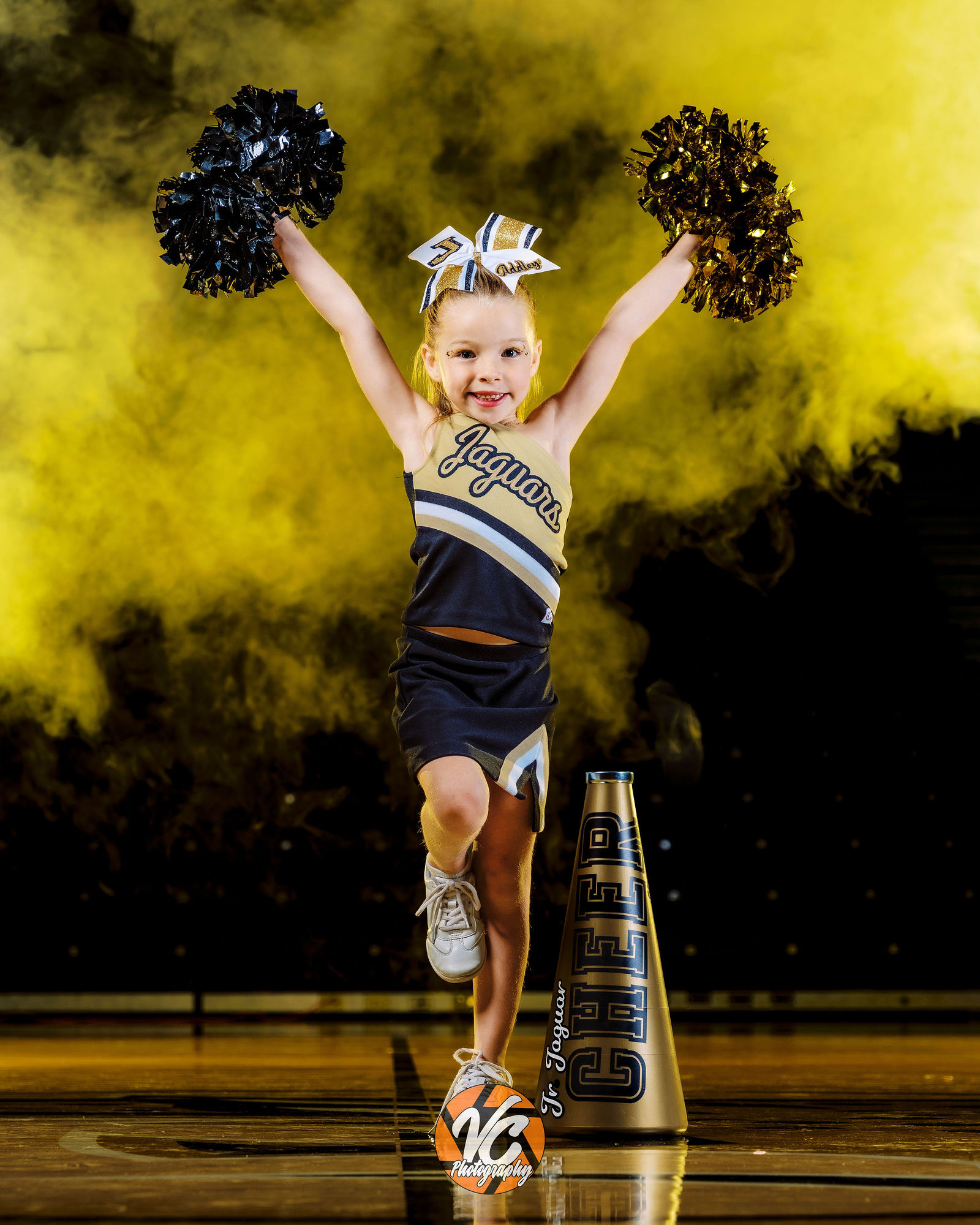 Finished Jr Jags Cheer portrait from youth cheer media day at Johnson Indoor Facility in Buda