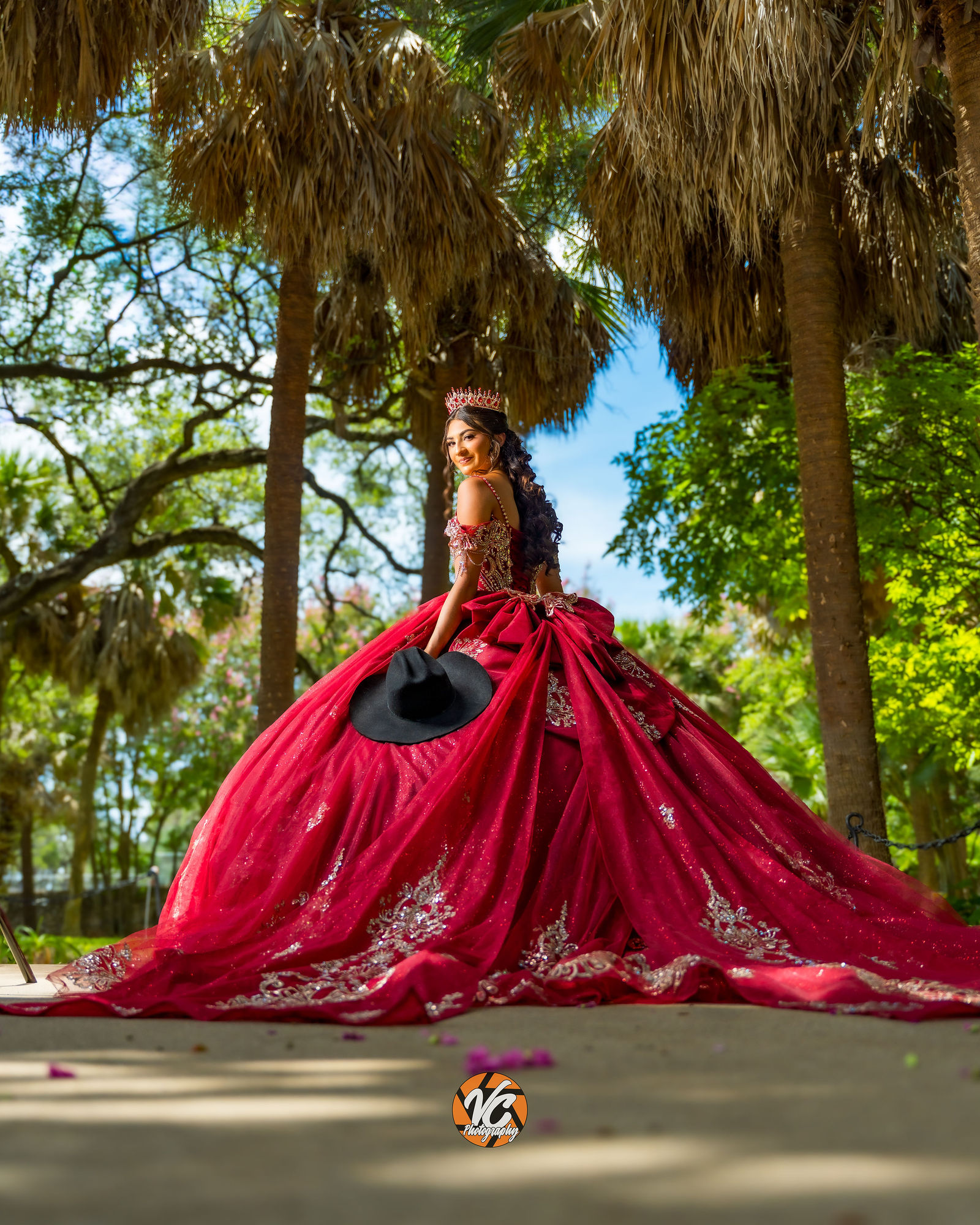 Cinematic quinceañera Save the Date portrait of Abree Telles at Mayfield Park in Austin