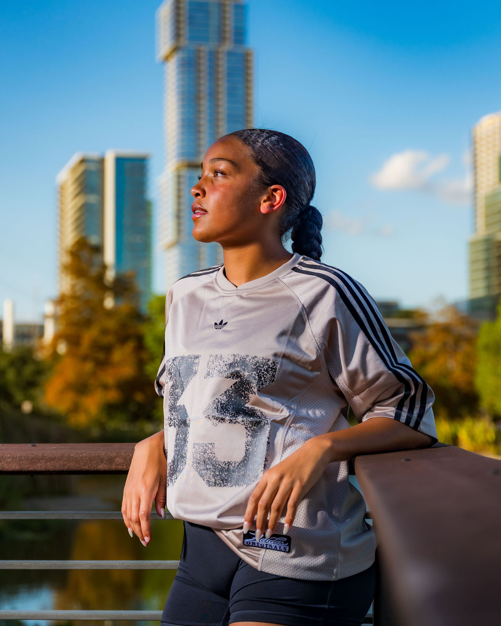 Austin soccer athlete posing for lifestyle-focused sponsor branding content at Butler Metro Park