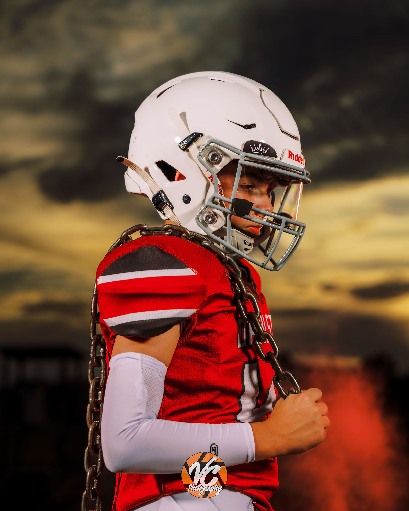 Dahlstrom Middle School athlete showing confidence during a dramatic football media day portrait