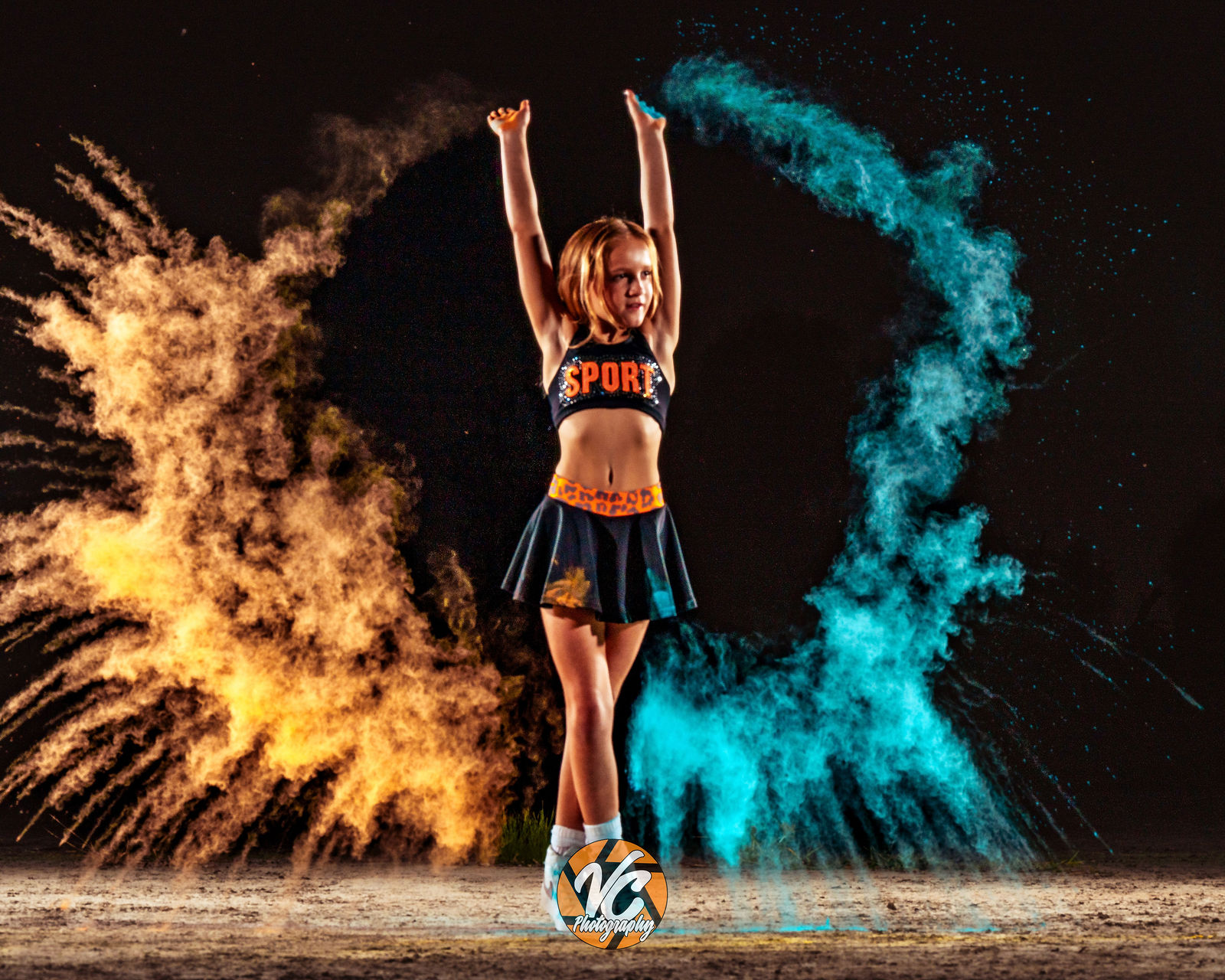 Stella Ross cheer athlete branding portrait with colorful powder in Buda Texas