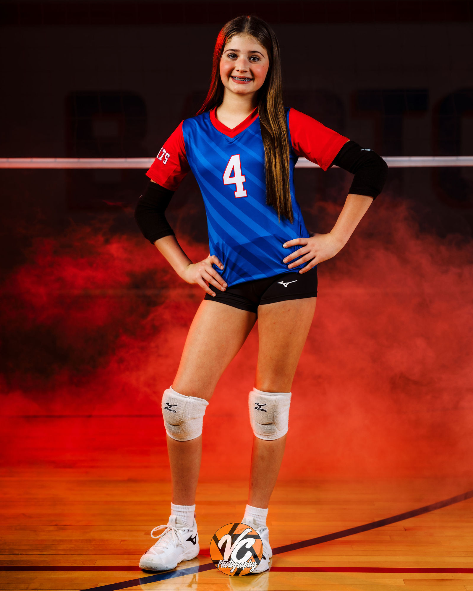 Barton Middle School Bobcats volleyball player photographed with bold posing during a Kyle sports media day