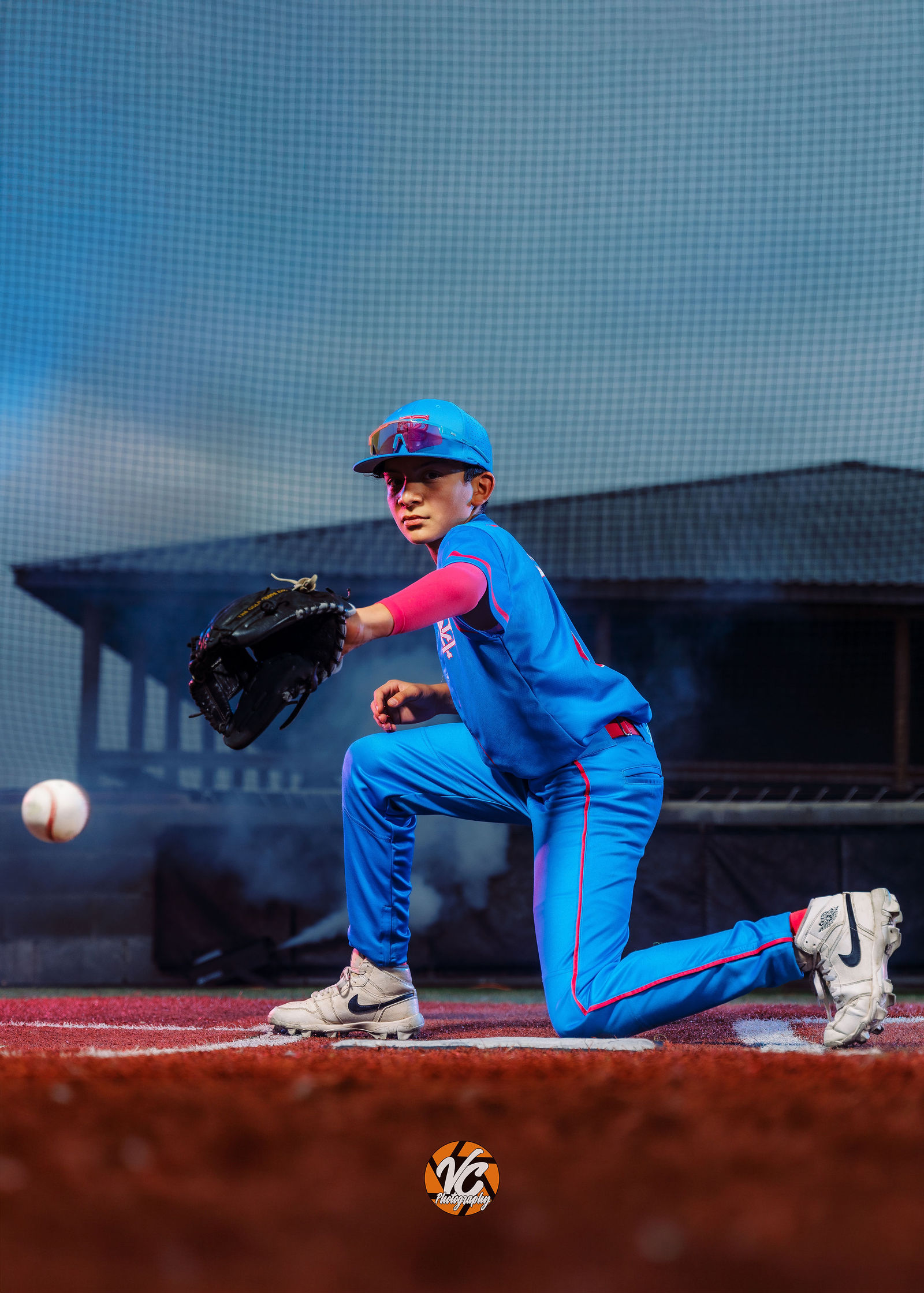 Central Texas baseball team media day portrait with cinematic lighting
